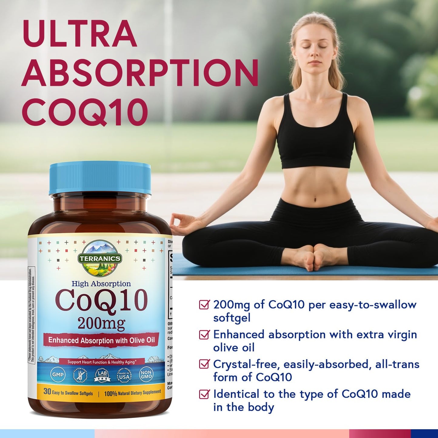 Terranics CoQ10 200mg Softgels with Extra Virgin Olive Oil, 30 Count