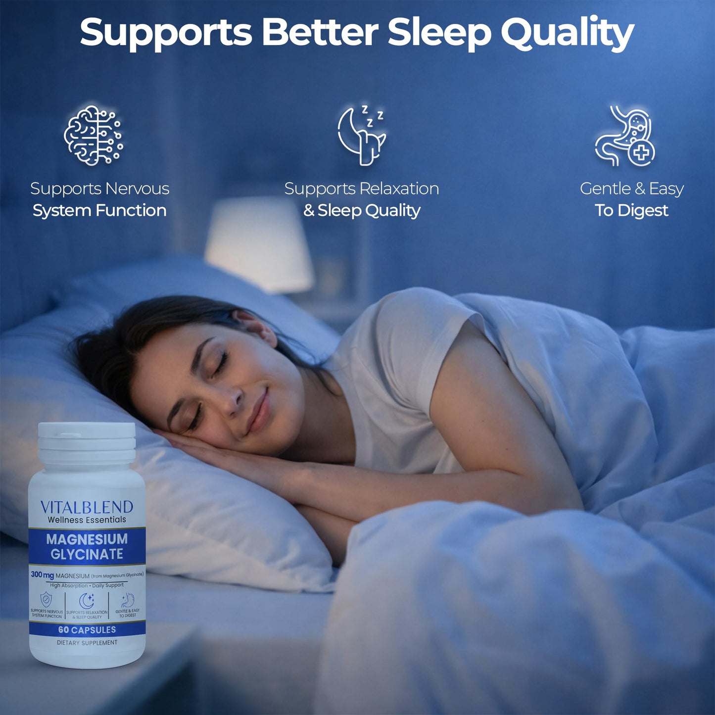 Vitalblend Magnesium Glycinate Capsules 300 mg – Chelated Magnesium Supplement for Relaxation, Sleep & Muscle Support – High Absorption Formula – Gentle on Stomach, 60 Capsules
