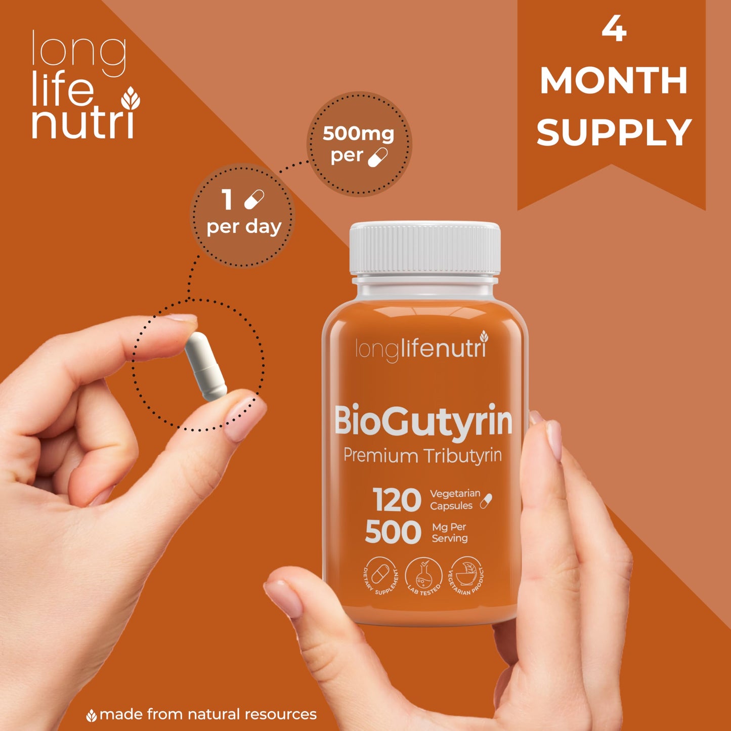 LongLifeNutri BioGutyrin Tributyrin 500mg, Postbiotic Supplement for Gut Function & Nutrient Absorption, Butyric Acid for Butyrate Production, Capsules, 120 Count