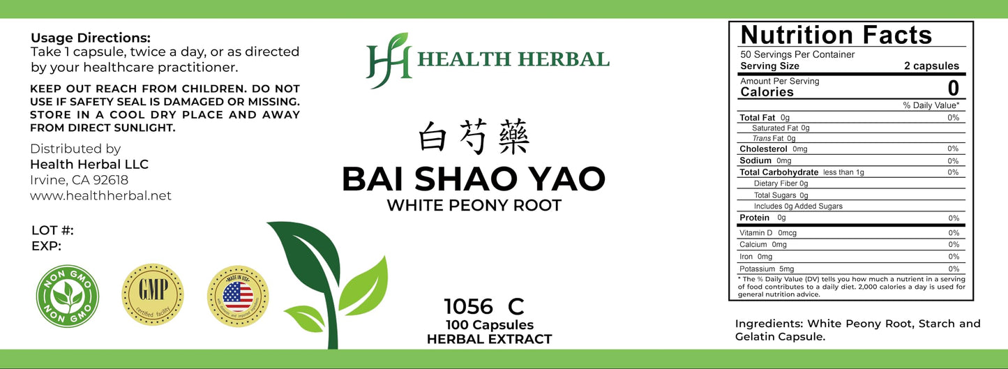 Health Herbal Bai Shao Yao White Peony Root Capsules, 200 Capsules