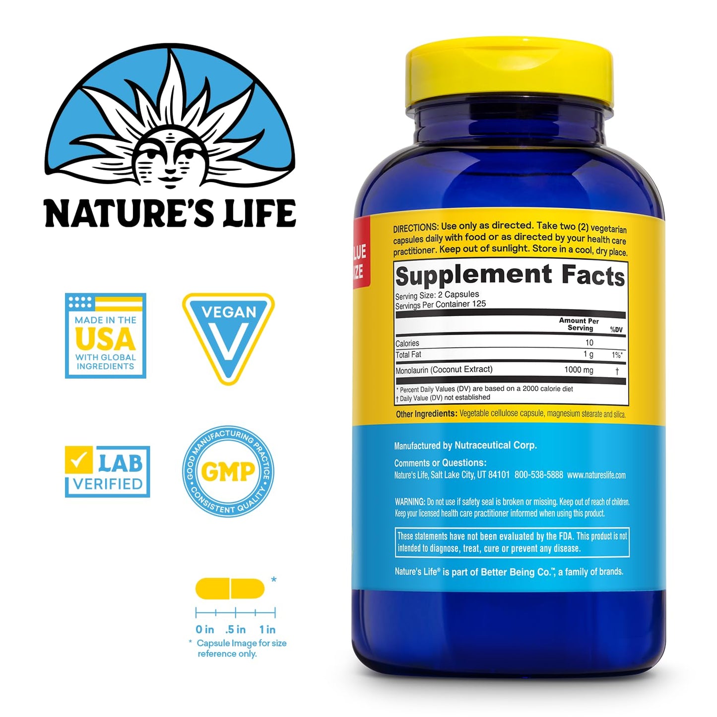 Nature's Life Monolaurin 1000 mg VegCaps, 250 VegCaps