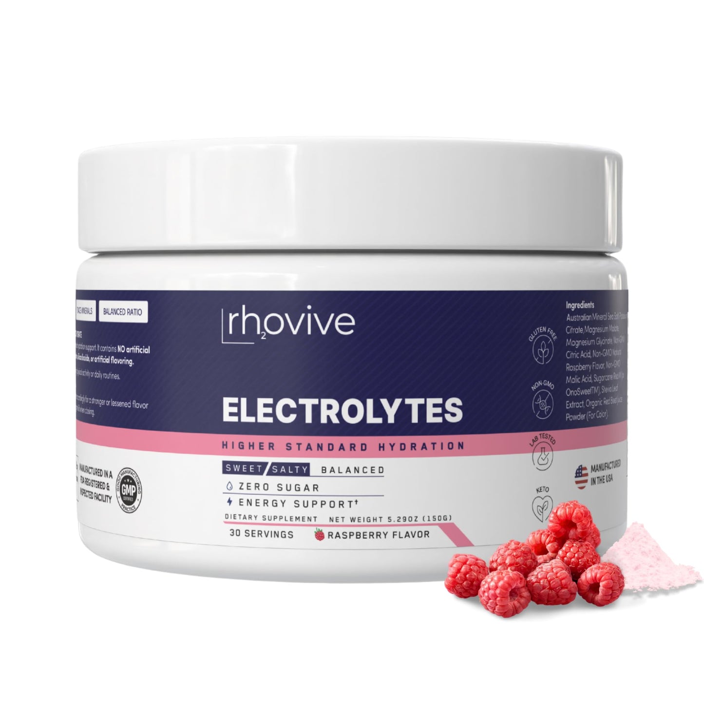 Rhovive Electrolyte Powder 5.29 oz Raspberry Flavor, 30 Servings