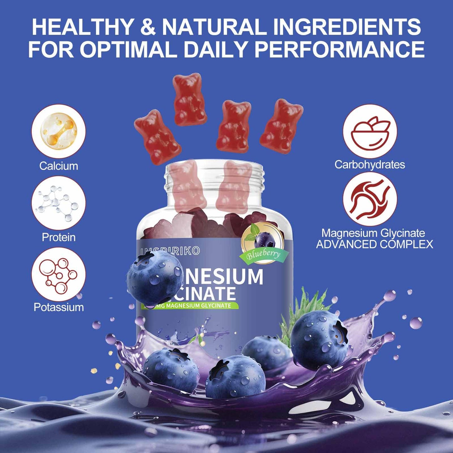 Inspiriko Magnesium Glycinate Gummies 1000mg - Sugar-Free Magnesium Potassium Supplement with Vitamin D, B6, CoQ10 for Adults & Kids, High Absorption for Calm Mood & Sleep Support - 60 Blueberry Gummies