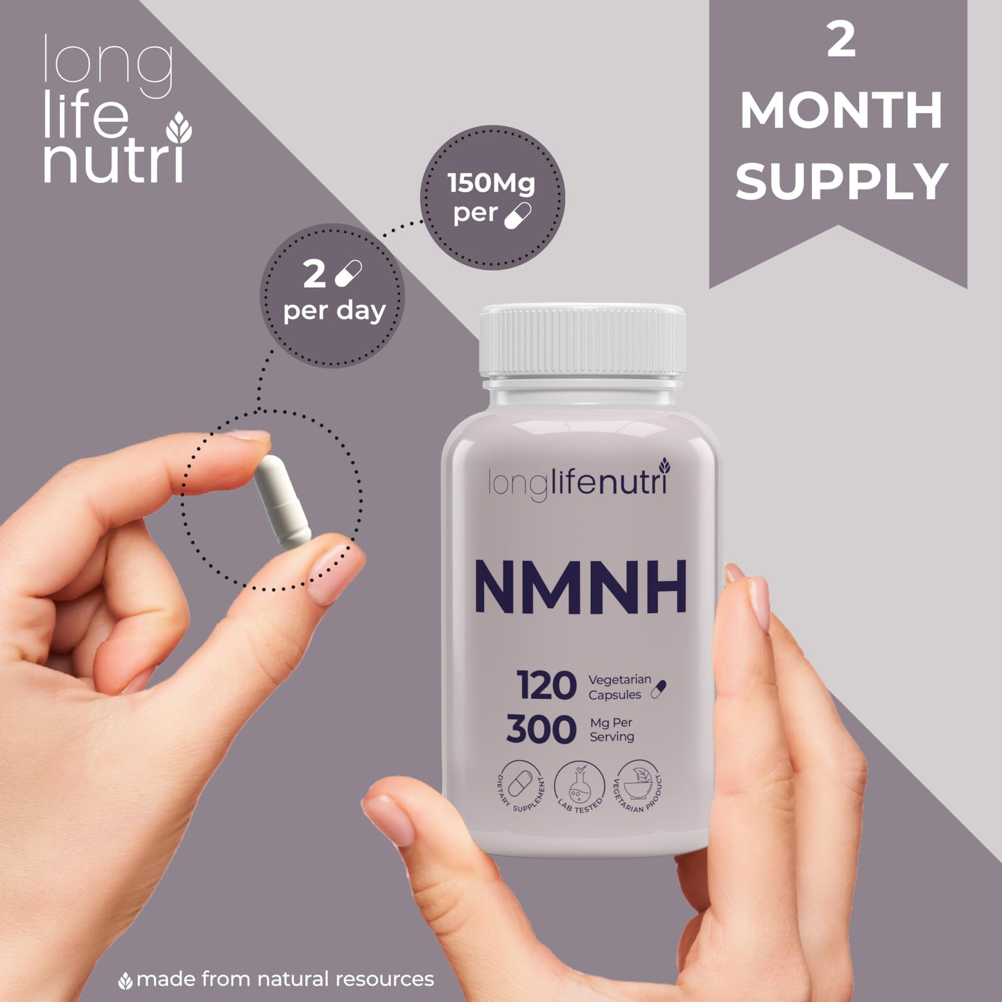 LongLifeNutri NMNH 300mg (Dihydronicotinamide Mononucleotide), 120 Capsules