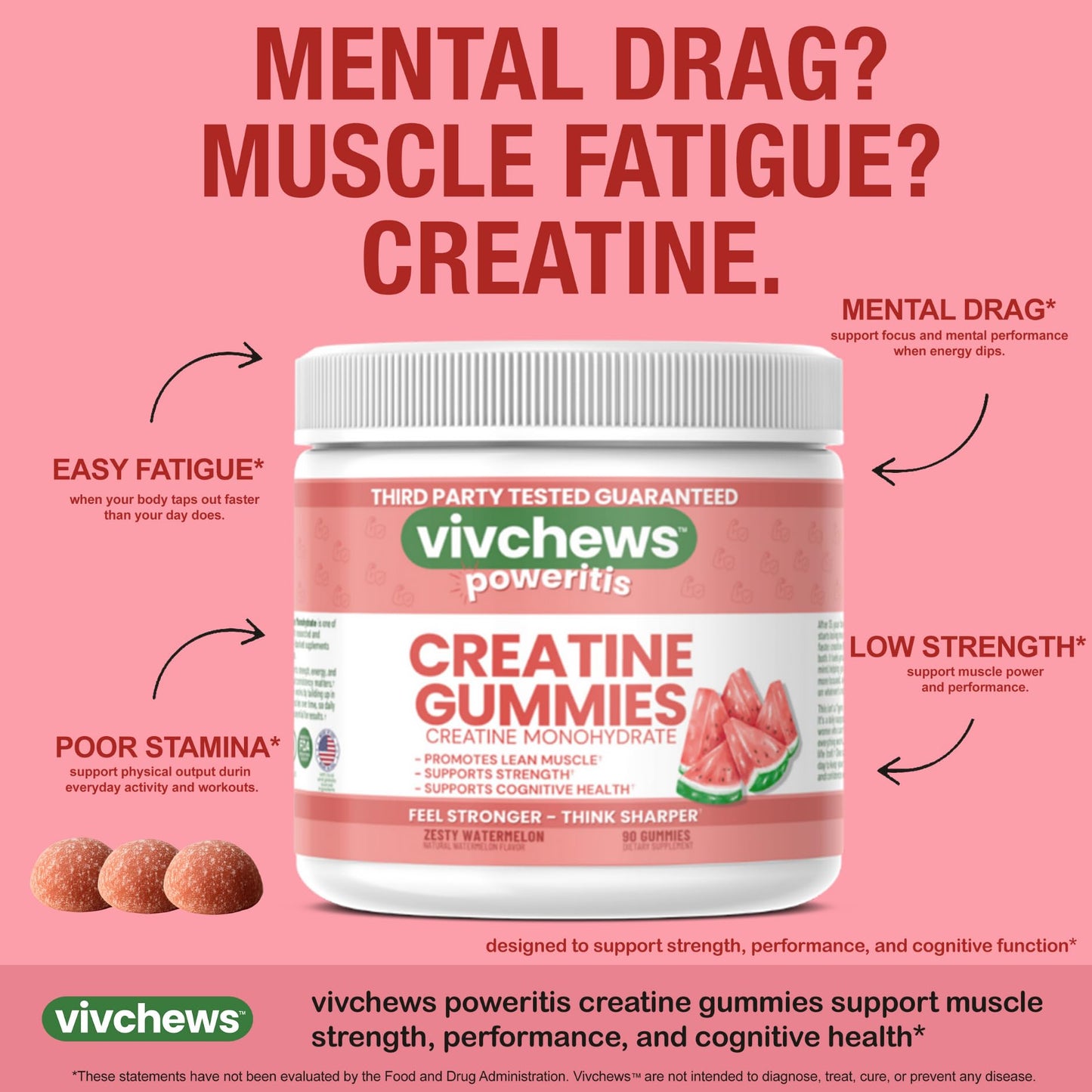 vivchews Creatine Gummies for Women – Creatine Monohydrate, Watermelon Flavor, 90 Count