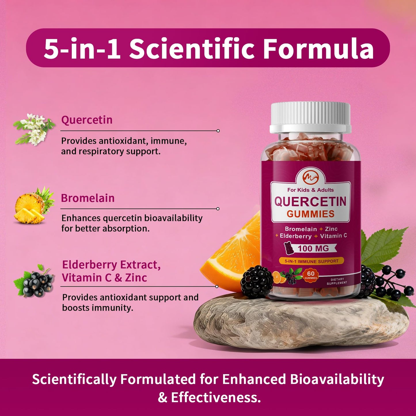 M inch Quercetin Gummies with Bromelain, Elderberry, Zinc and Vitamin C - Chewable Quercetin 100mg Supplement for Immune, Respiratory & Antioxidant Support, 120 Gummies