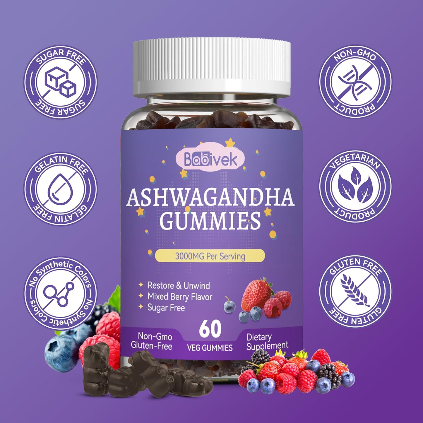 Babivek Ashwagandha Gummies 3000mg, 60 Count