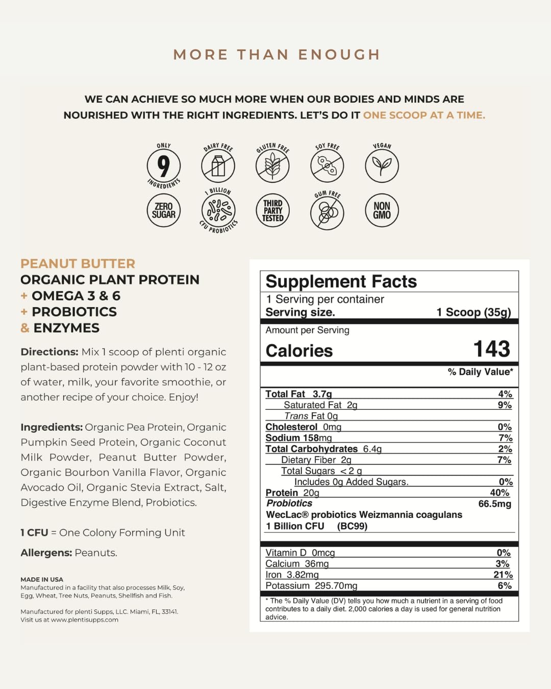 Plenti Organic Plant-Based Protein Powder Peanut Butter, 32 Servings