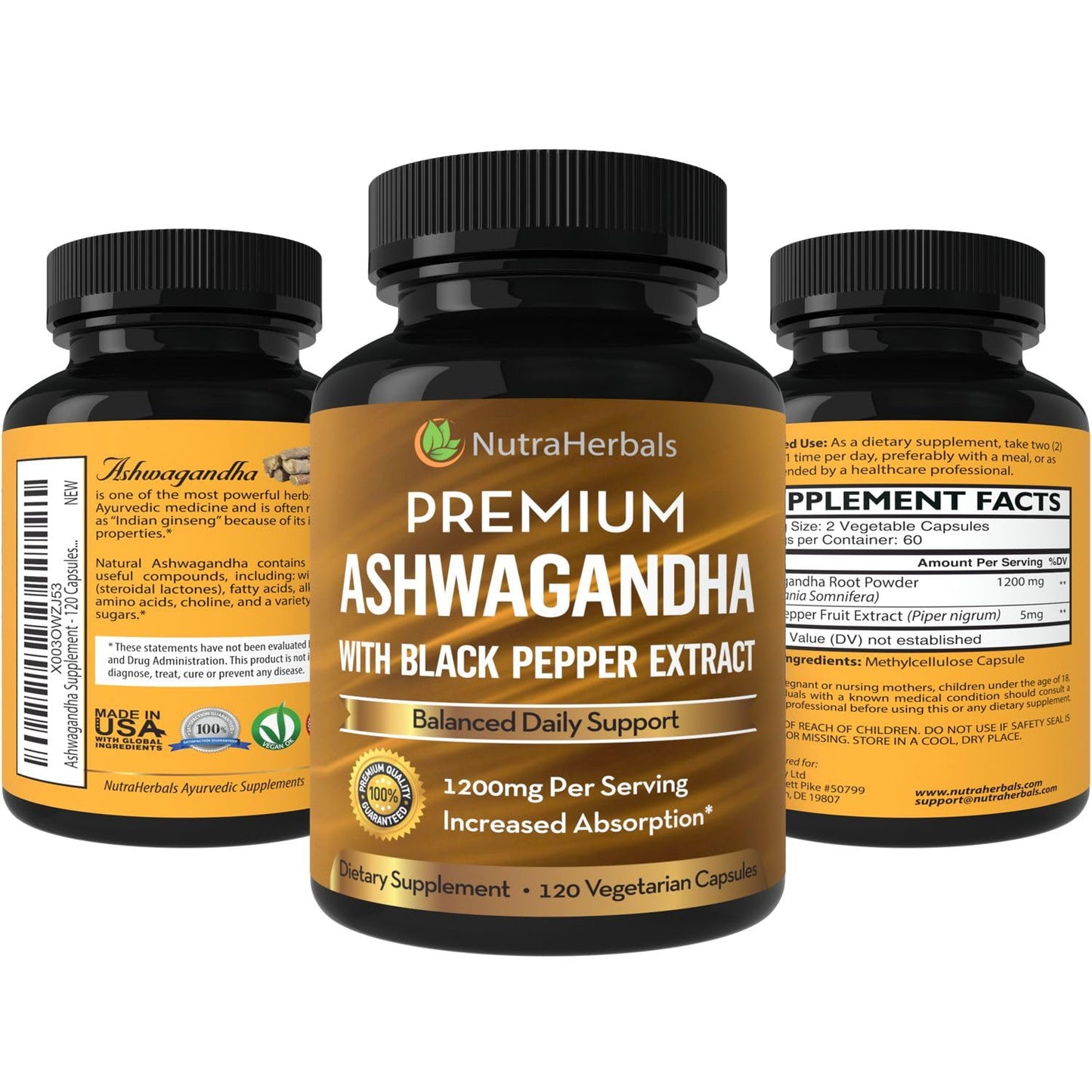 NUTRAHERBALS Organic Ashwagandha Root Powder 1200mg Capsules, 120 Count