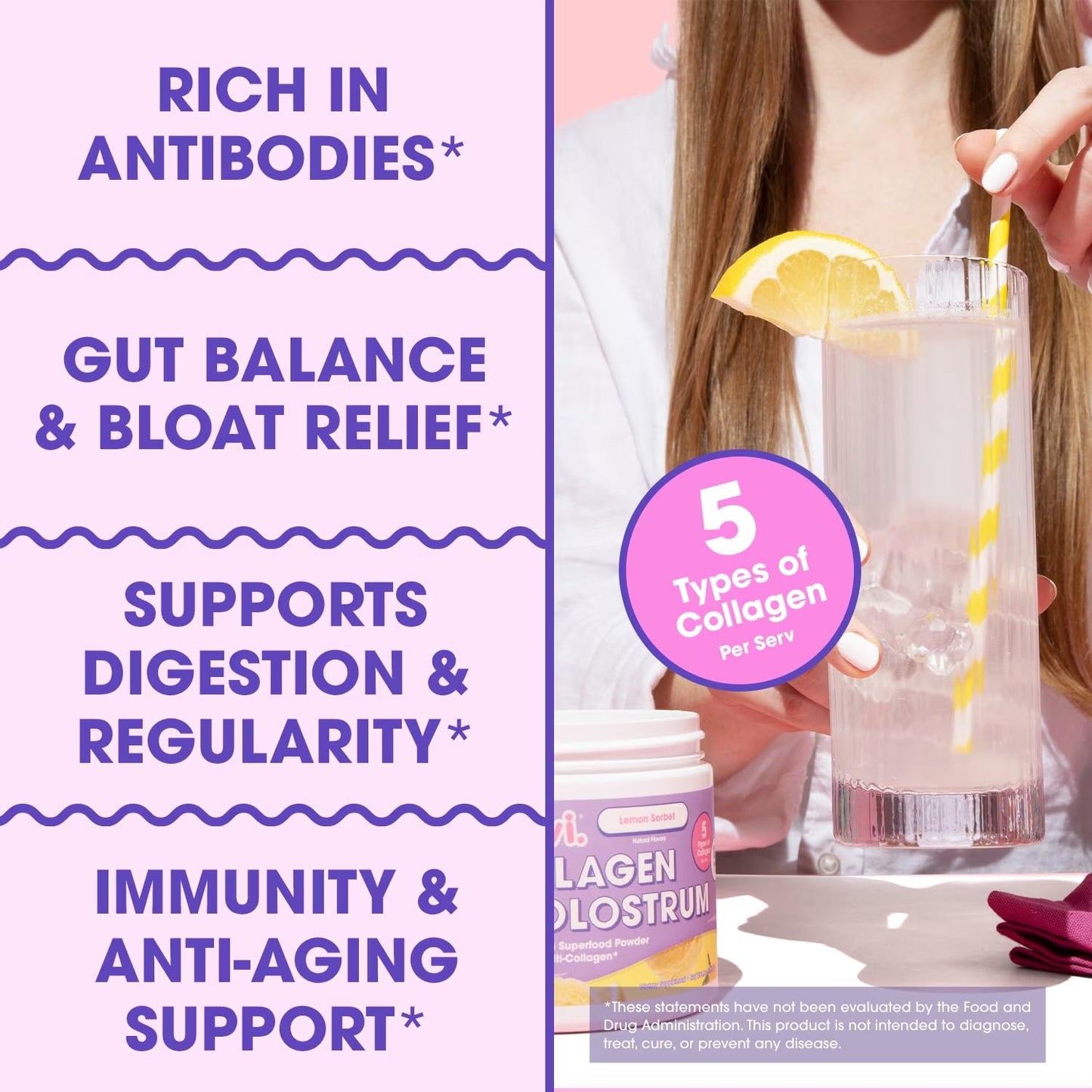Obvi Hydrolyzed Bovine Collagen Peptide Lemon Sorbet Colostrum Superfood Protein Powder 30 Servings
