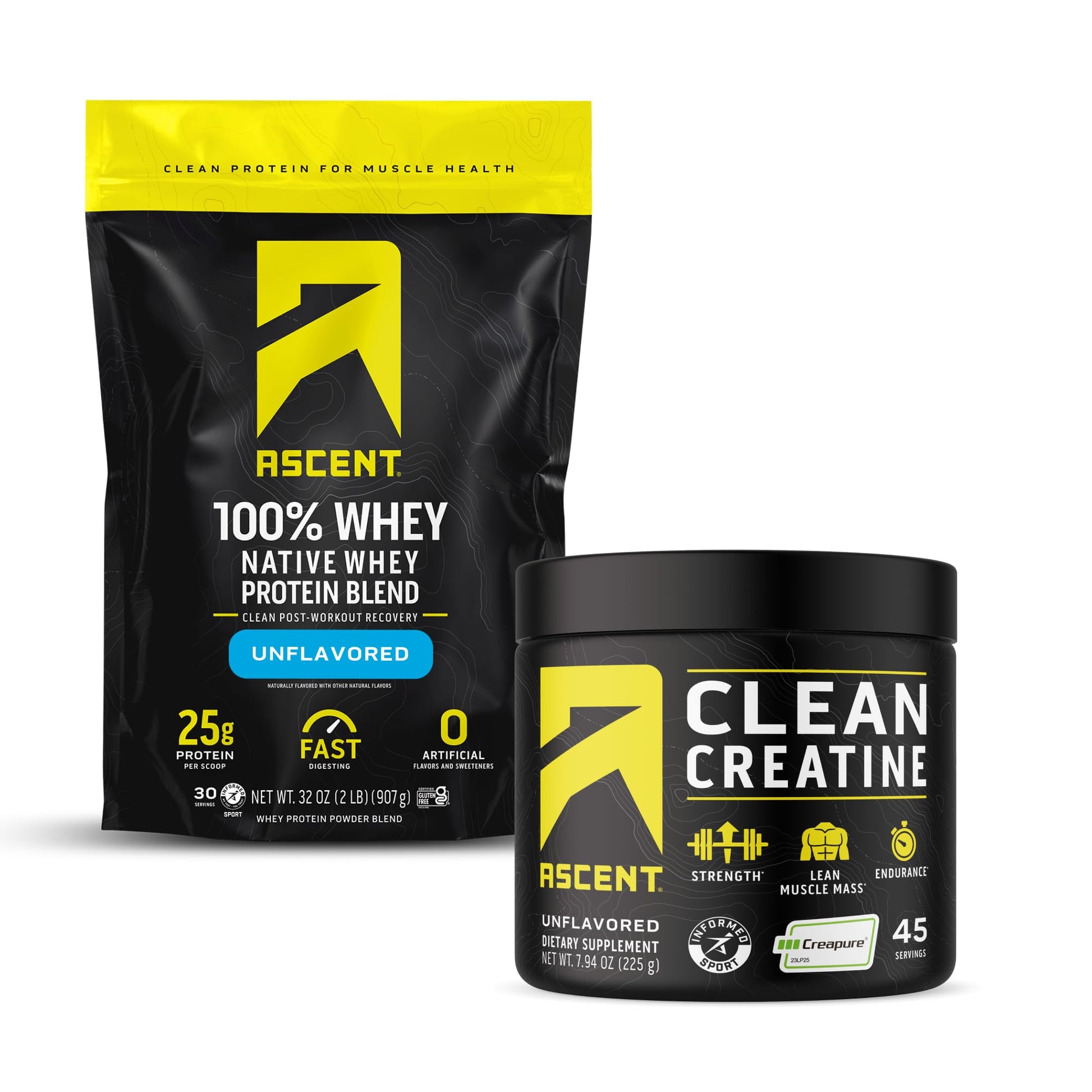 Ascent 100% Whey Protein Powder Unflavored 2 lb & Creatine Monohydrate Powder Unflavored 45 Servings