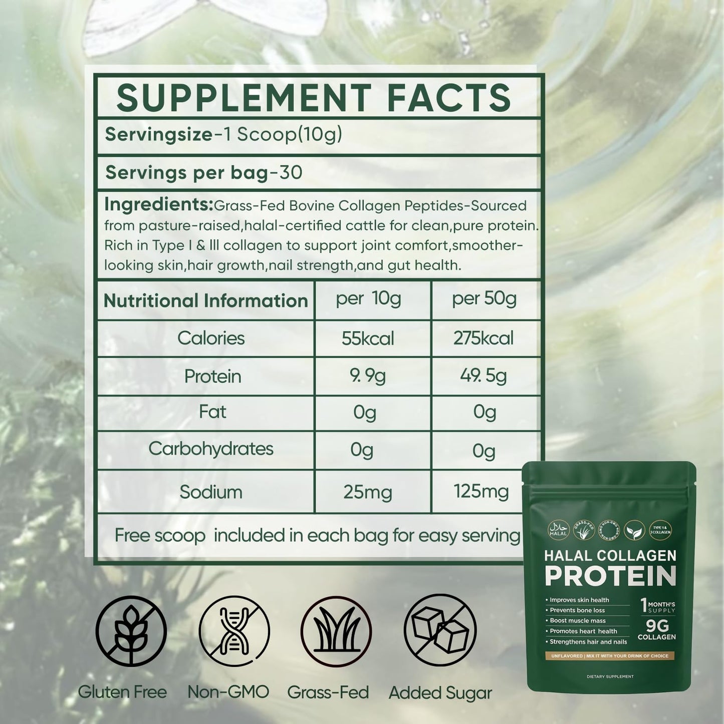 Vlsdoin Halal Collagen Protein Powder, Grass-Fed Collagen Peptides, Type I&III, 100% Hydrolyzed for Hair, Skin, Nails, Gut, Bone & Joint Health, Sugar Free, Unflavoured, 10.58 oz
