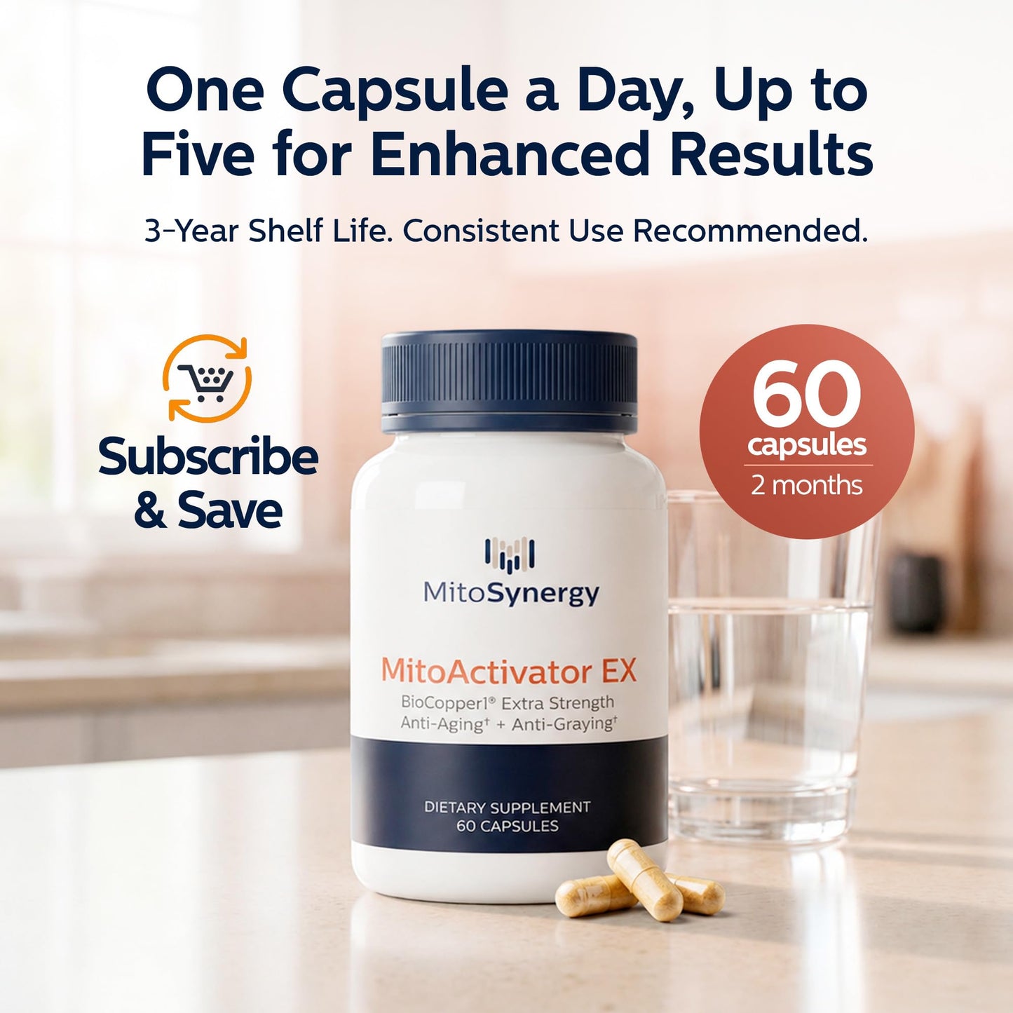 MitoSynergy MitoActivator EX BioCopper1 Cu1 (Cunermuspir) 0.5mg Extra Strength Bioavailable Copper - Mitochondrial NAD+ ATP Booster, Anti-Aging, Anti-Graying, Immune Support, 60 Capsules