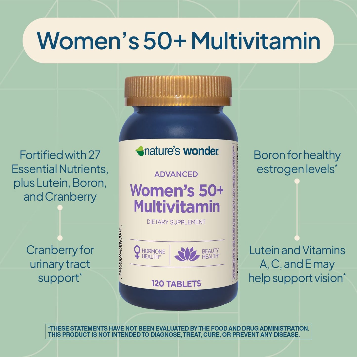 Nature's Wonder Advanced Womens 50+ Multivitamin/Multimineral Supplement with Vitamin D3 and B Vitamins, 120 Tablets