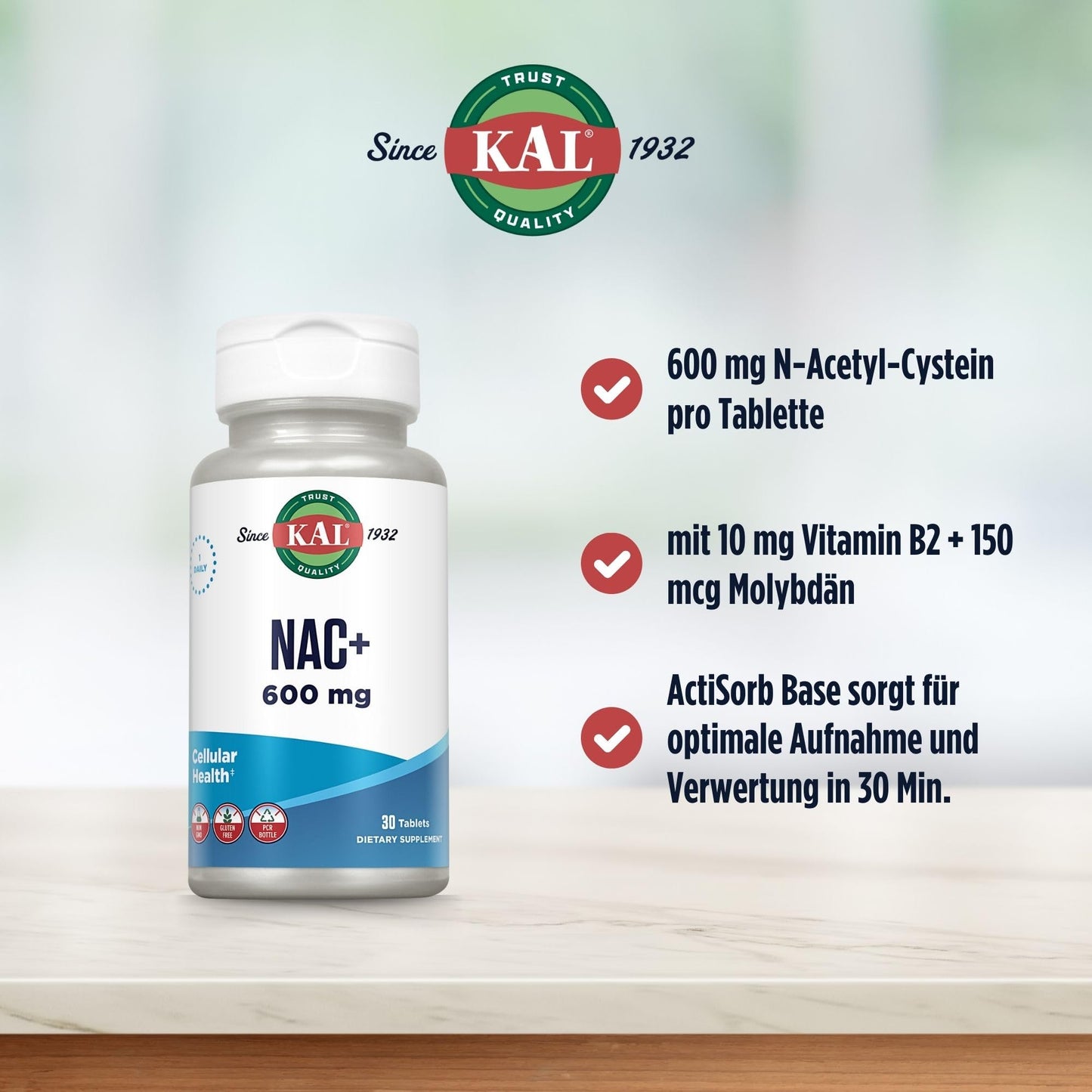 KAL N-Acetyl Cysteine Plus 600 mg Tablets, 30 Tablets