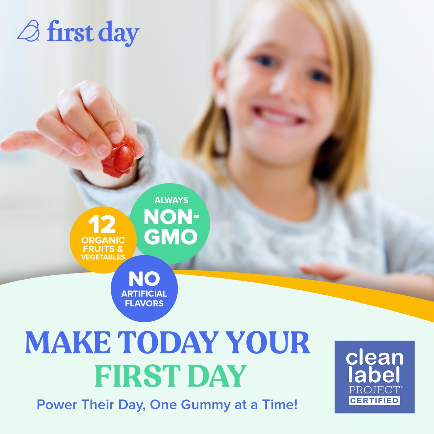 FIRST DAY Toddler Multivitamin Gummies (Ages 2-3)| Kids Multivitamin Gummies with Vitamins A C D3, B2, B12, Choline, Folate and 21 Organic Superfoods| (30 Day Supply)