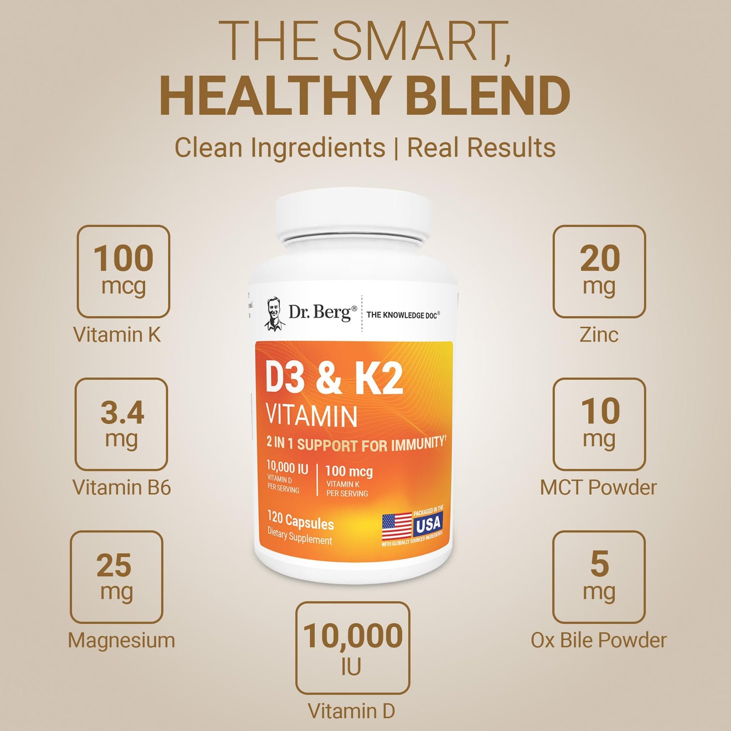 Dr. Berg Nutritionals Maximum Strength 2-in-1 Vitamin D3 K2 10,000 IU Capsules, 120 Count
