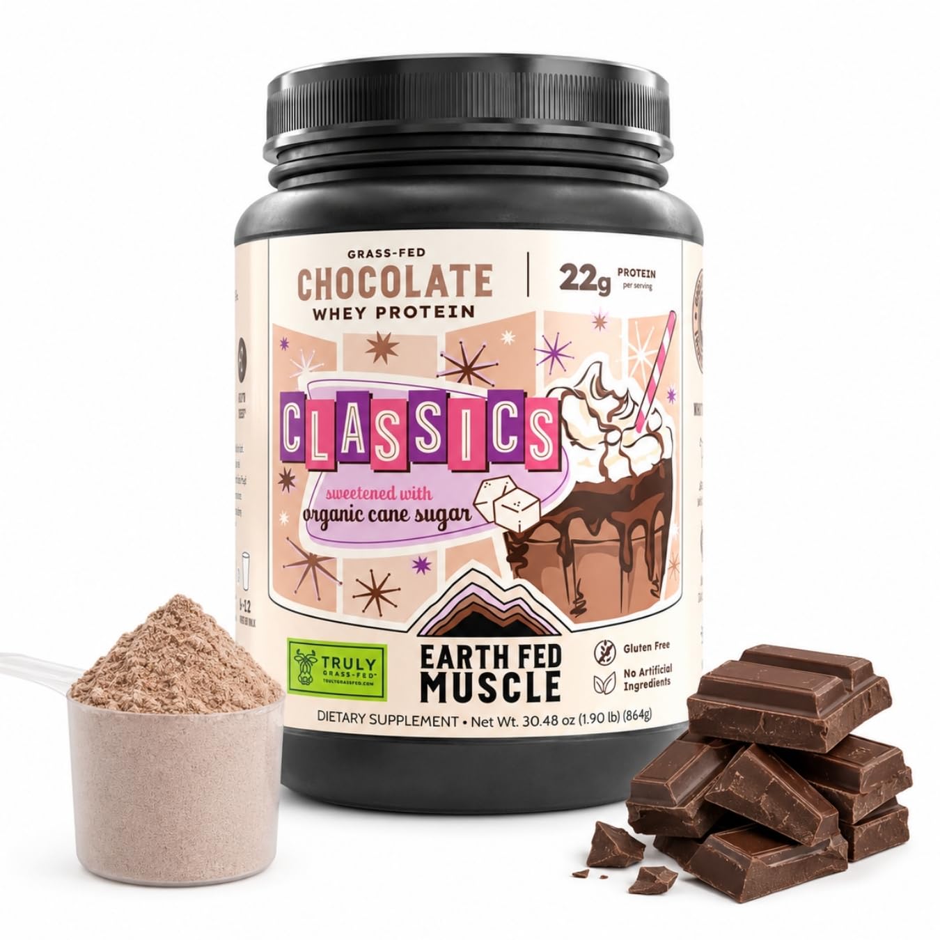 Earth Fed Muscle Classics Chocolate Grass-Fed Whey Protein Powder, 30 Servings