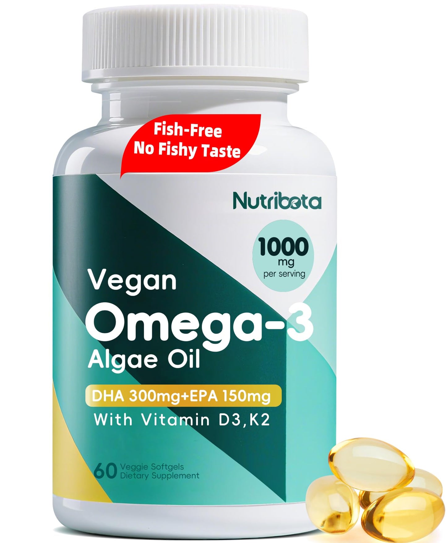 Nutribota Vegan Omega-3 Algae Oil Softgels with DHA 300mg & EPA 150mg, 60 Count