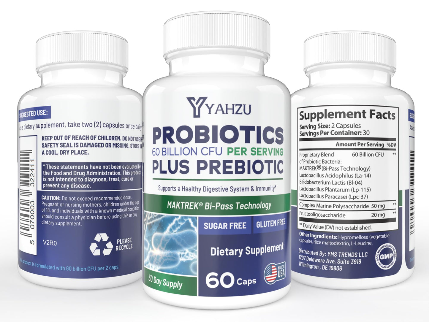 YAHZU 60 Billion CFU Probiotics with Prebiotic Fiber Synbiotic Digestive & Immune Support, 4 Clinically Researched Strains, 60 Capsules