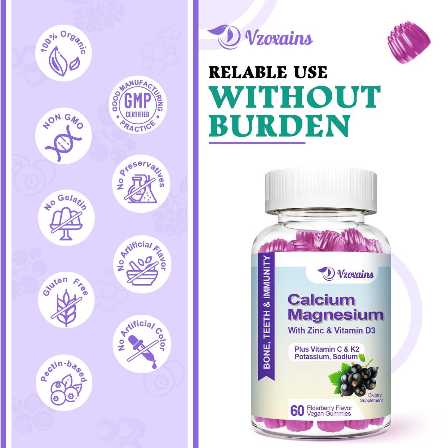 VZOXAINS Calcium Magnesium Gummies with Potassium & Vitamin D3, Sugar Free, Vegan, Elderberry Flavor, 120 Gummies