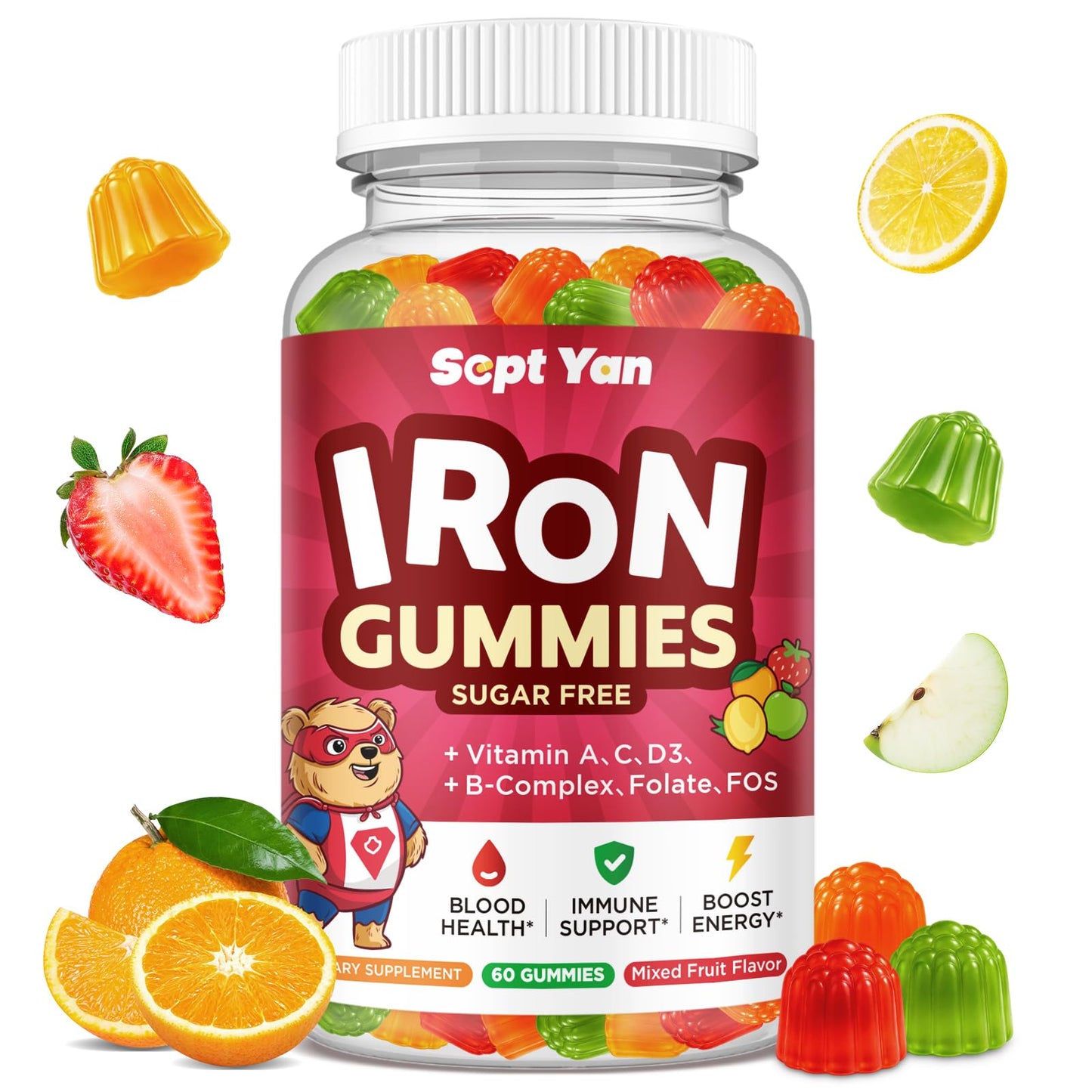 SEPT YAN Iron Supplement Gummies for Kids with Multivitamin and Iron, Vitamin B Complex, C, D3, Calcium, Folate, Zinc, FOS, Vegan, Mixed Fruit Flavor, 60 Count
