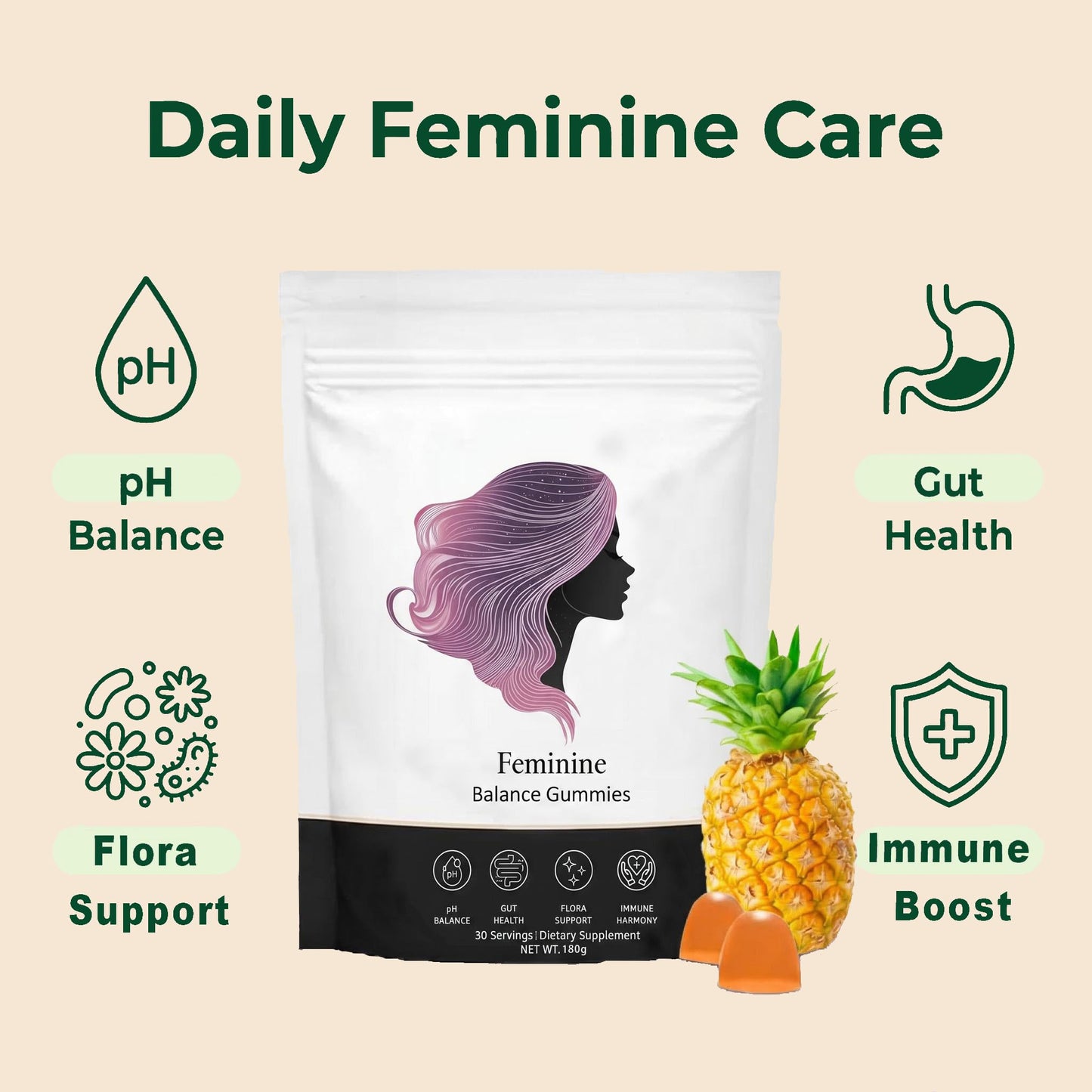 Fibetrue Women’s Probiotic Gummies – Feminine Balance & Gut Health, Pineapple Flavor, pH Support, Clean Vegan Formula, Sugar Free, 60 Gummies