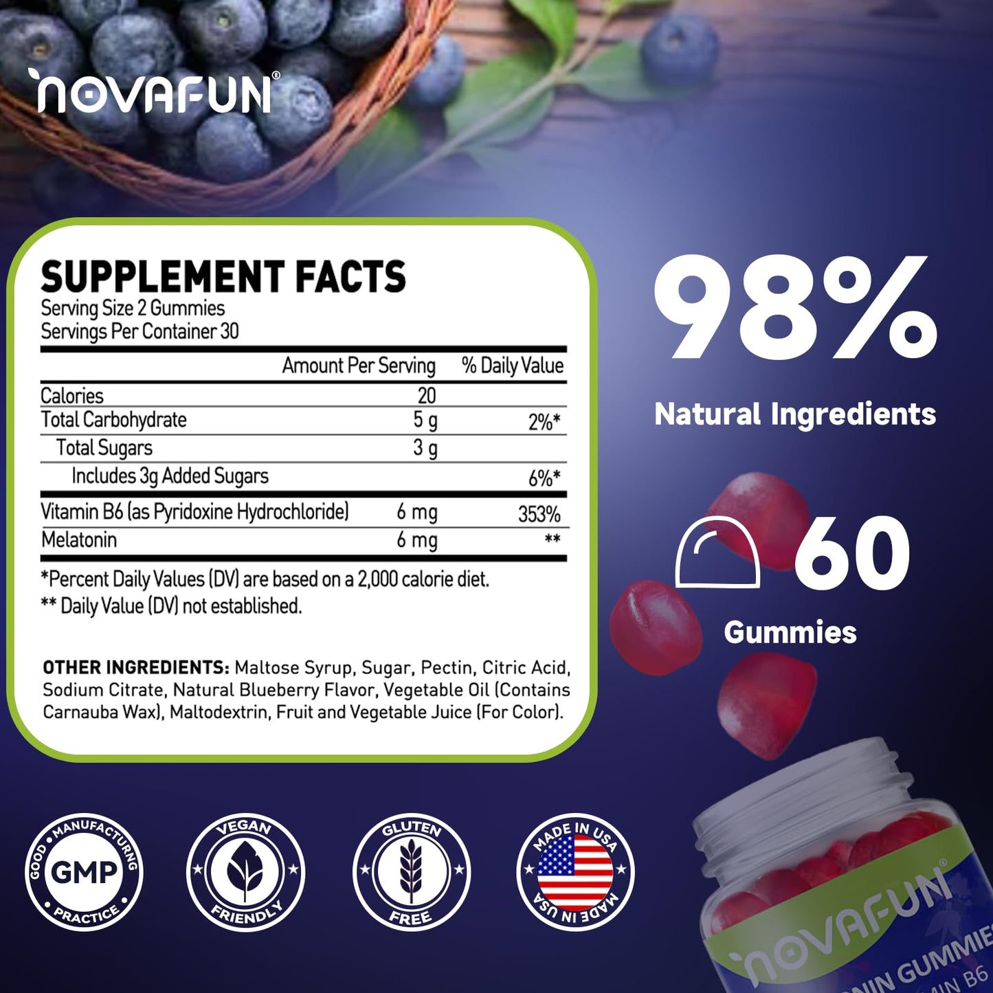 Novafun Melatonin Gummies 6mg with Vitamin B6, 60 Count