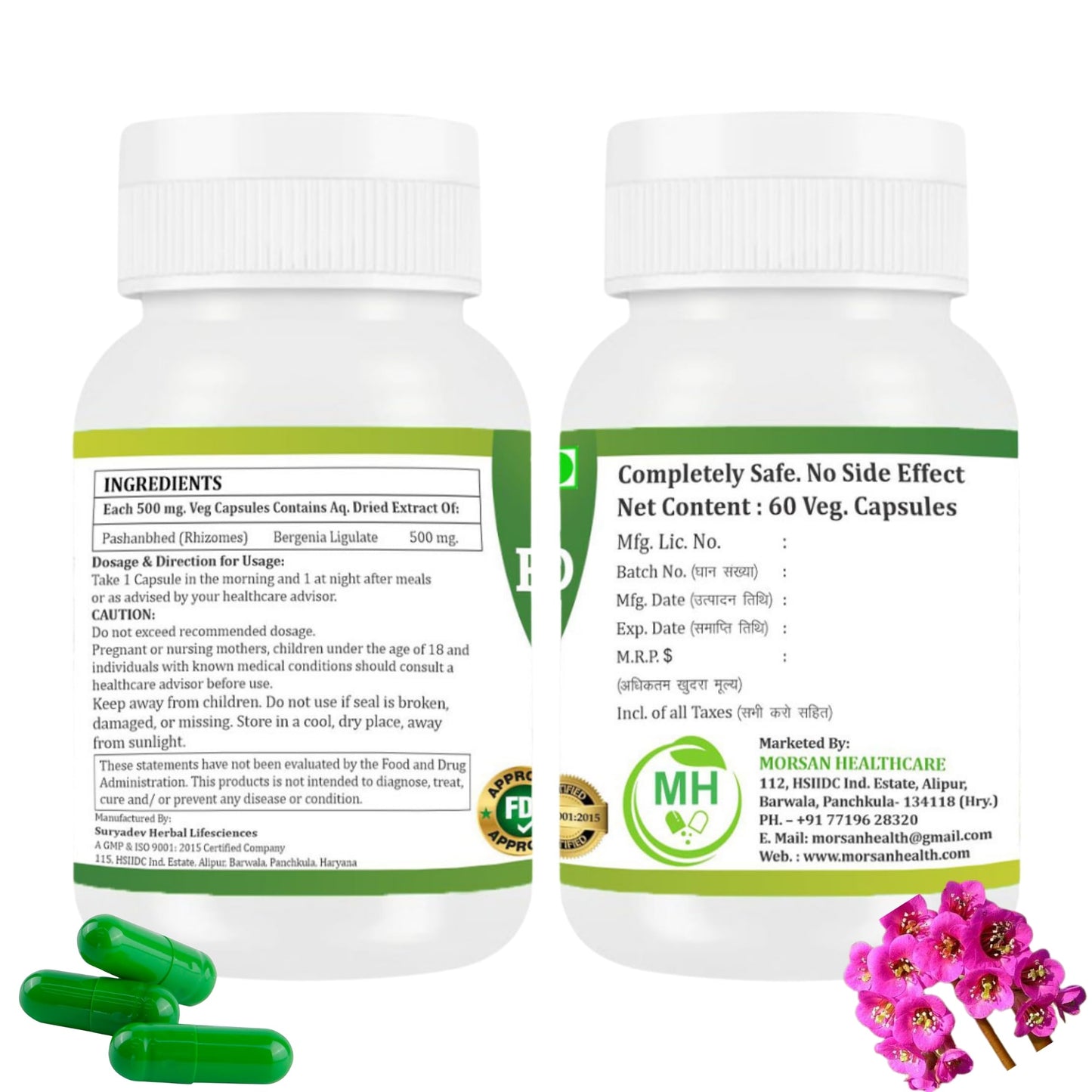 Morsan Healthcare Pashanabheda (Bergenia ligulata) Powder Capsule, 120 Veg Capsules