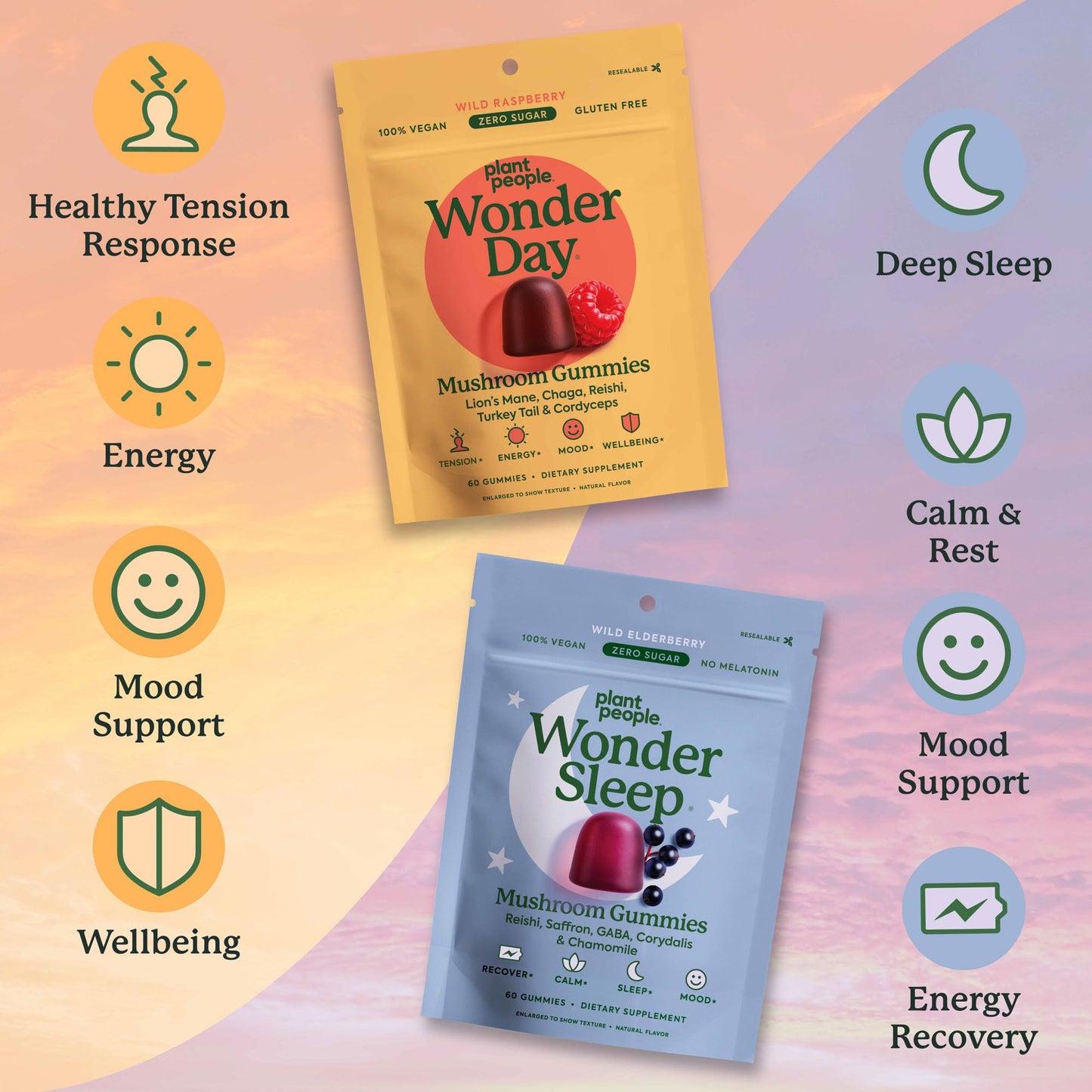 Plant People WonderDay & WonderSleep Mushroom Gummies Bundle, 60 Gummies
