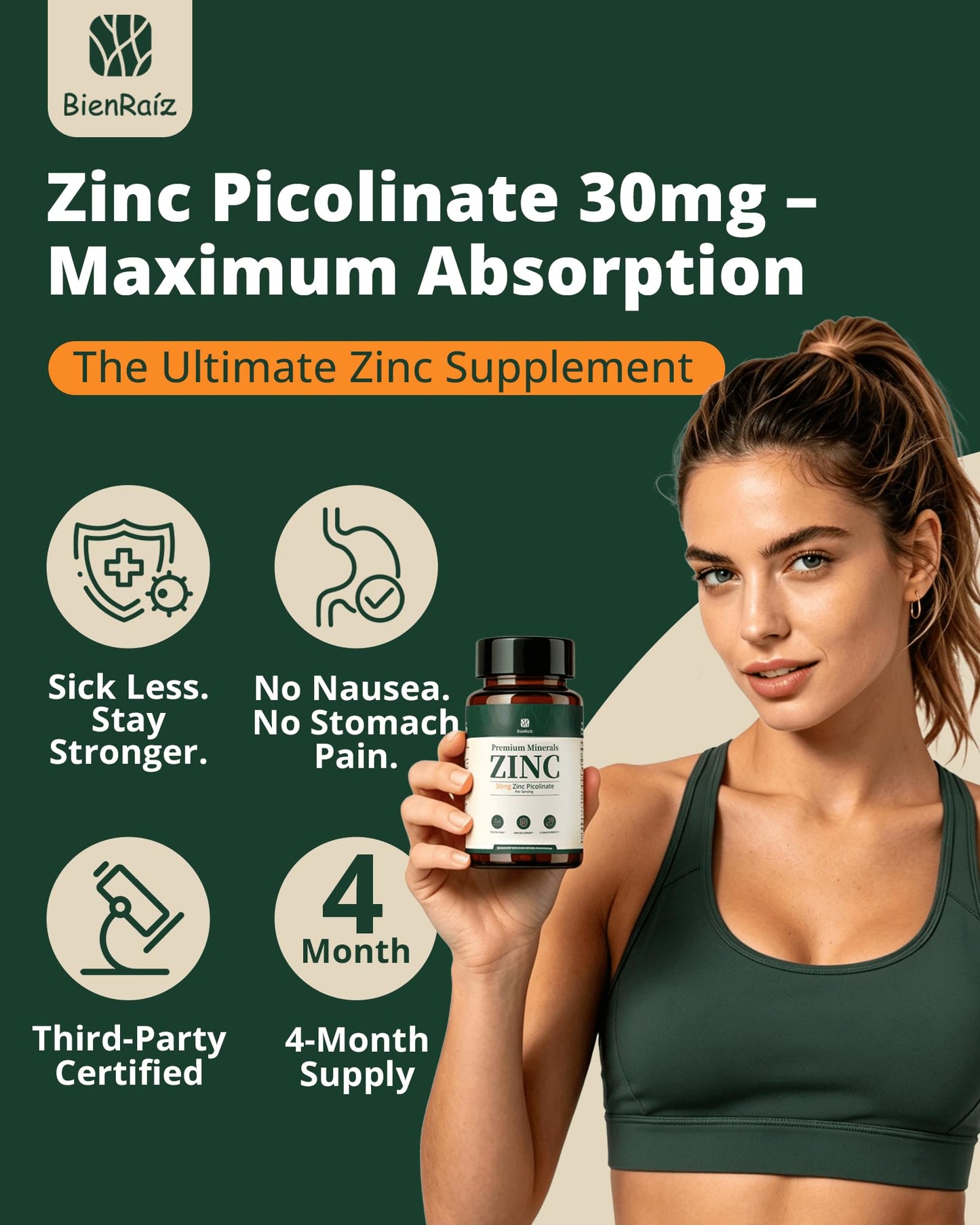 BienRaíz Zinc Picolinate 30mg Supplement, 120 Capsules