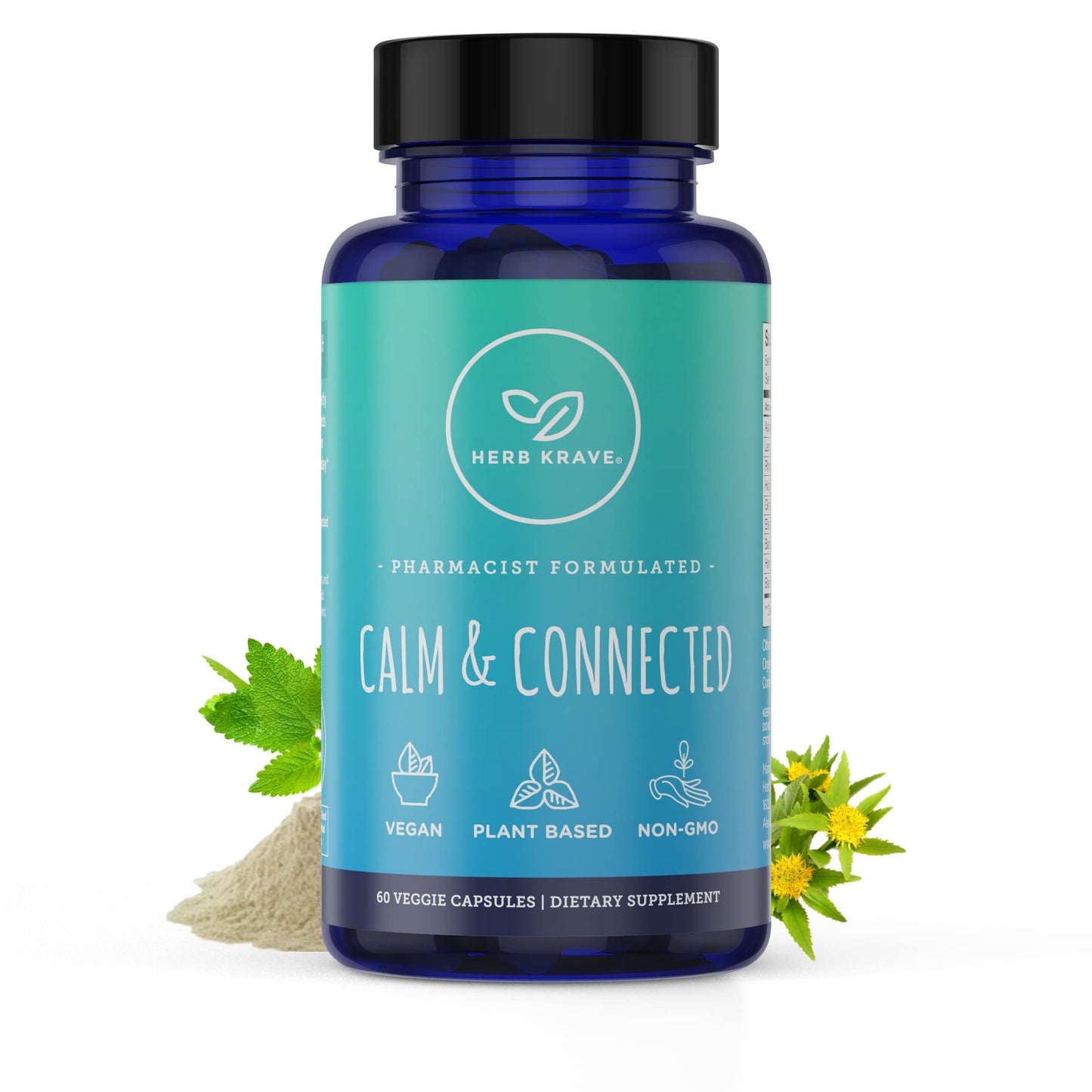 Herb Krave Calm & Connected Stress Support & Ayurvedic Nootropic for Natural Calm, Focus, Clarity and Energy, Cortisol Manager with Ginkgo Biloba, Ashwagandha, Rhodiola, Lemon Balm 60 Capsules