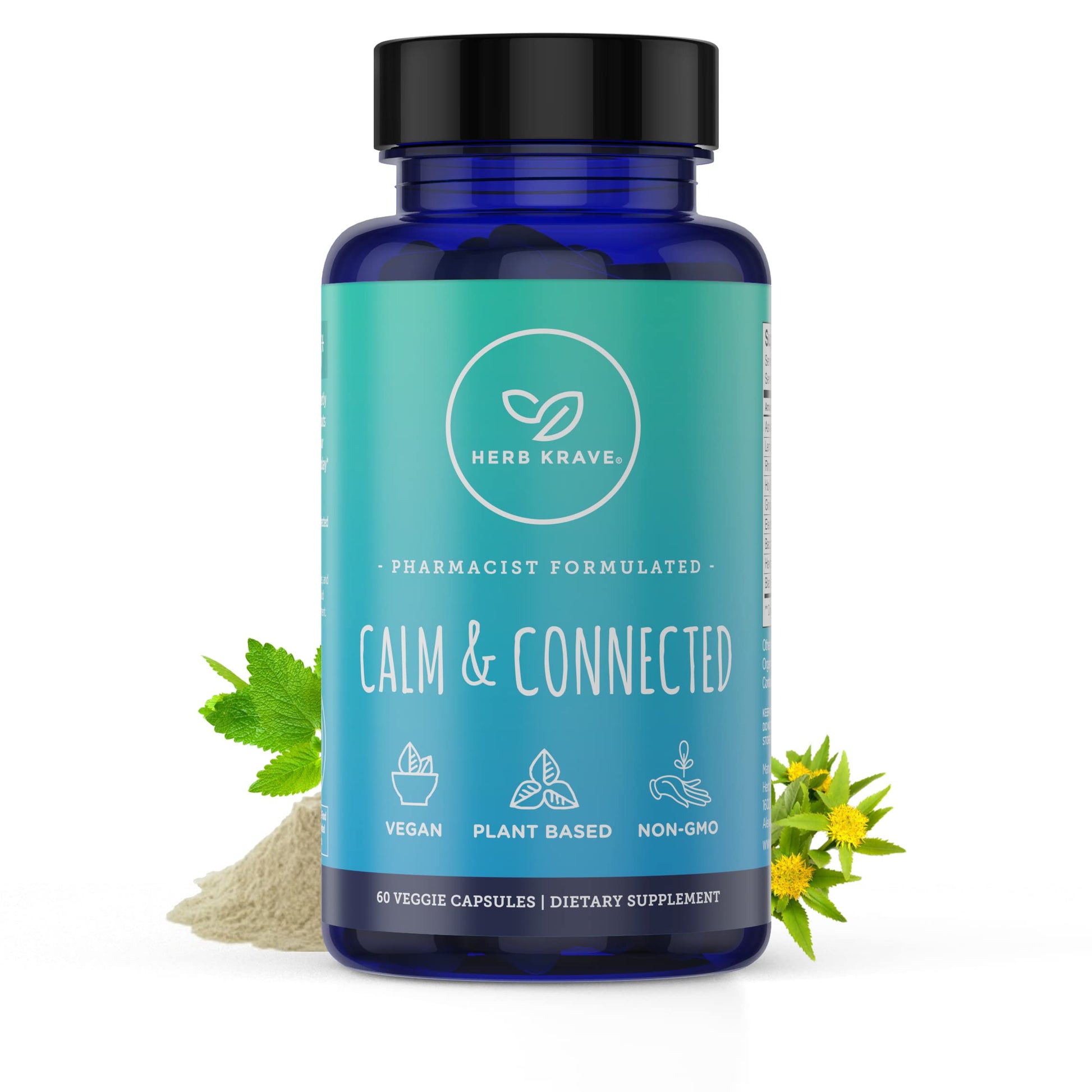 Herb Krave Calm & Connected Stress Support & Ayurvedic Nootropic for Natural Calm, Focus, Clarity and Energy, Cortisol Manager with Ginkgo Biloba, Ashwagandha, Rhodiola, Lemon Balm 60 Capsules