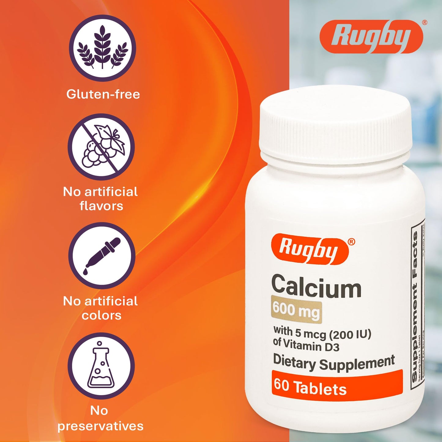 Rugby Laboratories Calcium 600 mg Tablets with Vitamin D3 200 IU (5 mcg), Gluten-Free Daily Vitamin D Dietary Supplement for Bone Health and Calcium Absorption, 60 Tablets