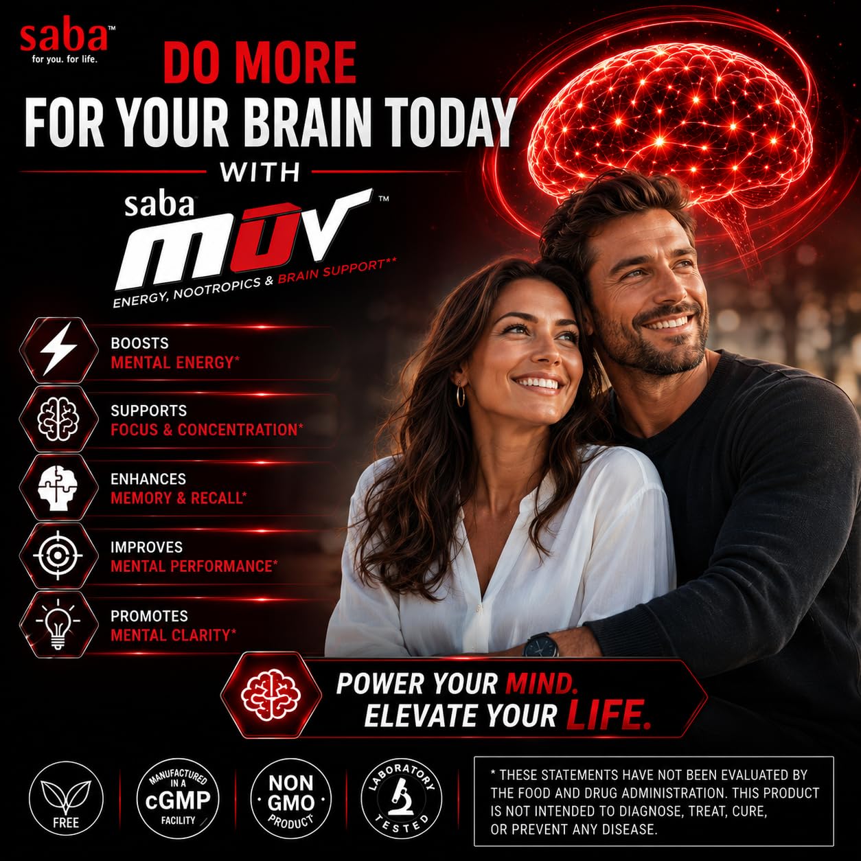 Saba MUV™ Nootropic Brain Supplement for Memory, Focus & Energy | Phosphatidylserine, VegiSurge®, Alpha GPC, Vitamins B6, B12 & Folic Acid | Mental Clarity & Brain Health Support, 60 Capsules
