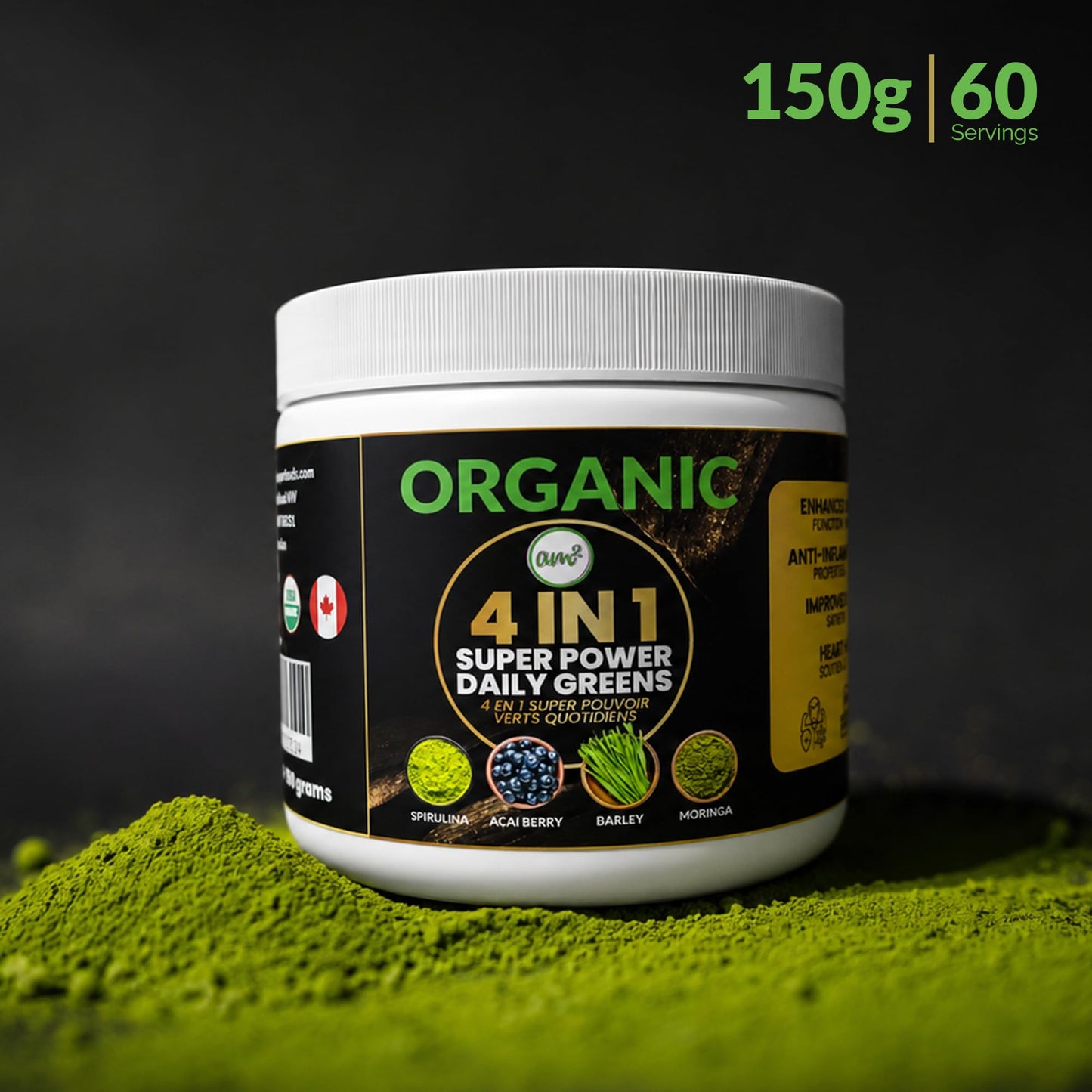 am2 Organic Superfood Powder 4-in-1 Blend – Moringa, Spirulina, Barley Grass, Acai Berry, 1 oz