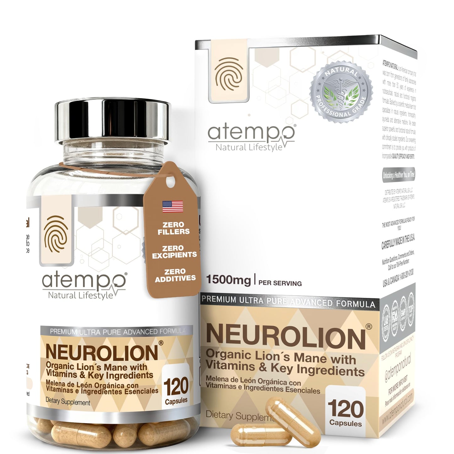 ATEMPO NATURAL LIFESTYLE Lion's Mane Mushroom Supplement for Brain Function, Immune System & Mental Clarity with Organic Lion’s Mane, Reishi & Cordyceps, 120 Capsules