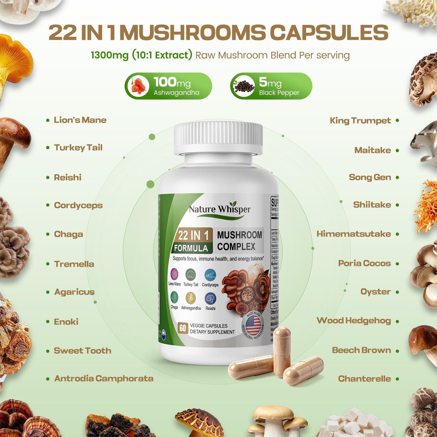 Nature Whisper 22 in 1 Lions Mane Mushroom Supplement with Ashwagandha & Black Pepper, 60 Capsules