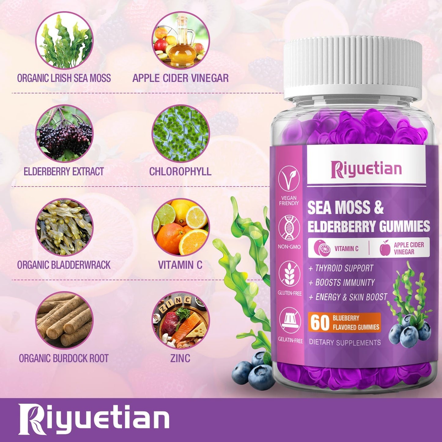 Riyuetian Sea Moss & Elderberry Gummies, 120 Count