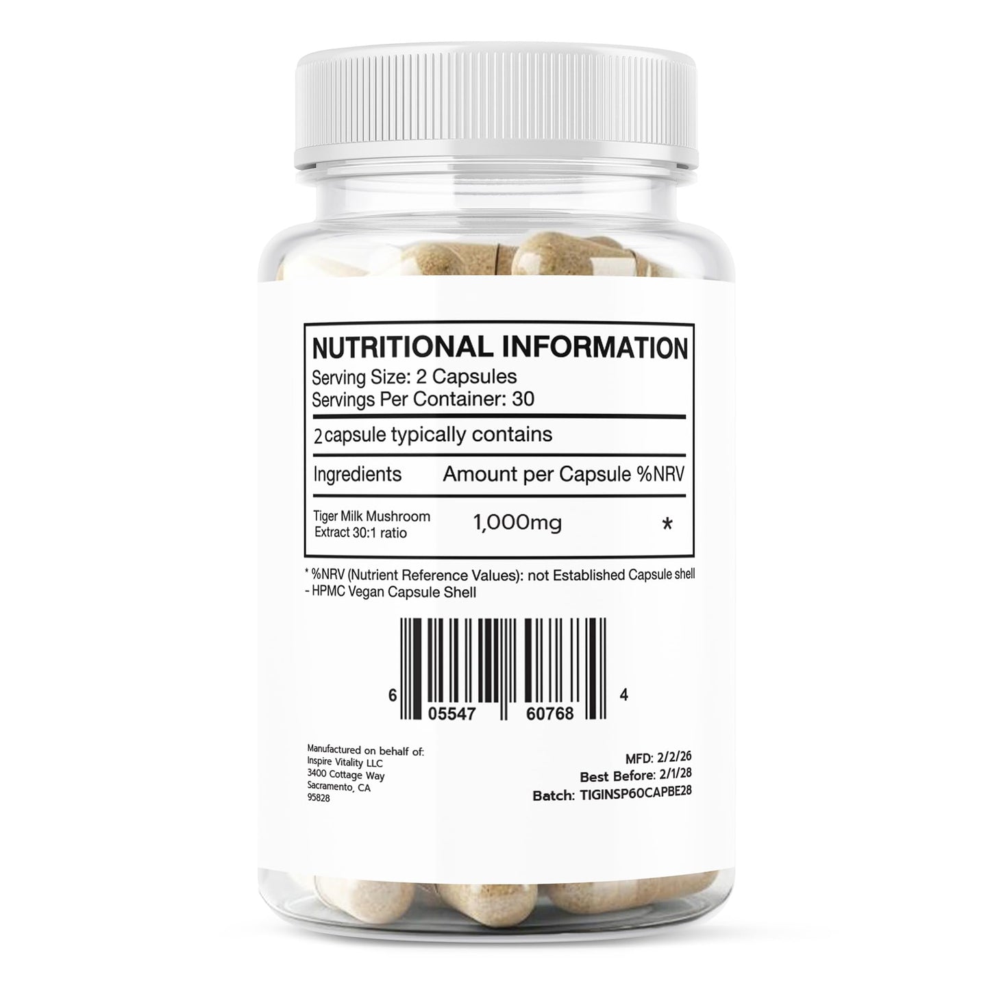 Inspire Vitality LLC Tiger Milk Mushroom for Lungs 500mg Capsules, 60 Count