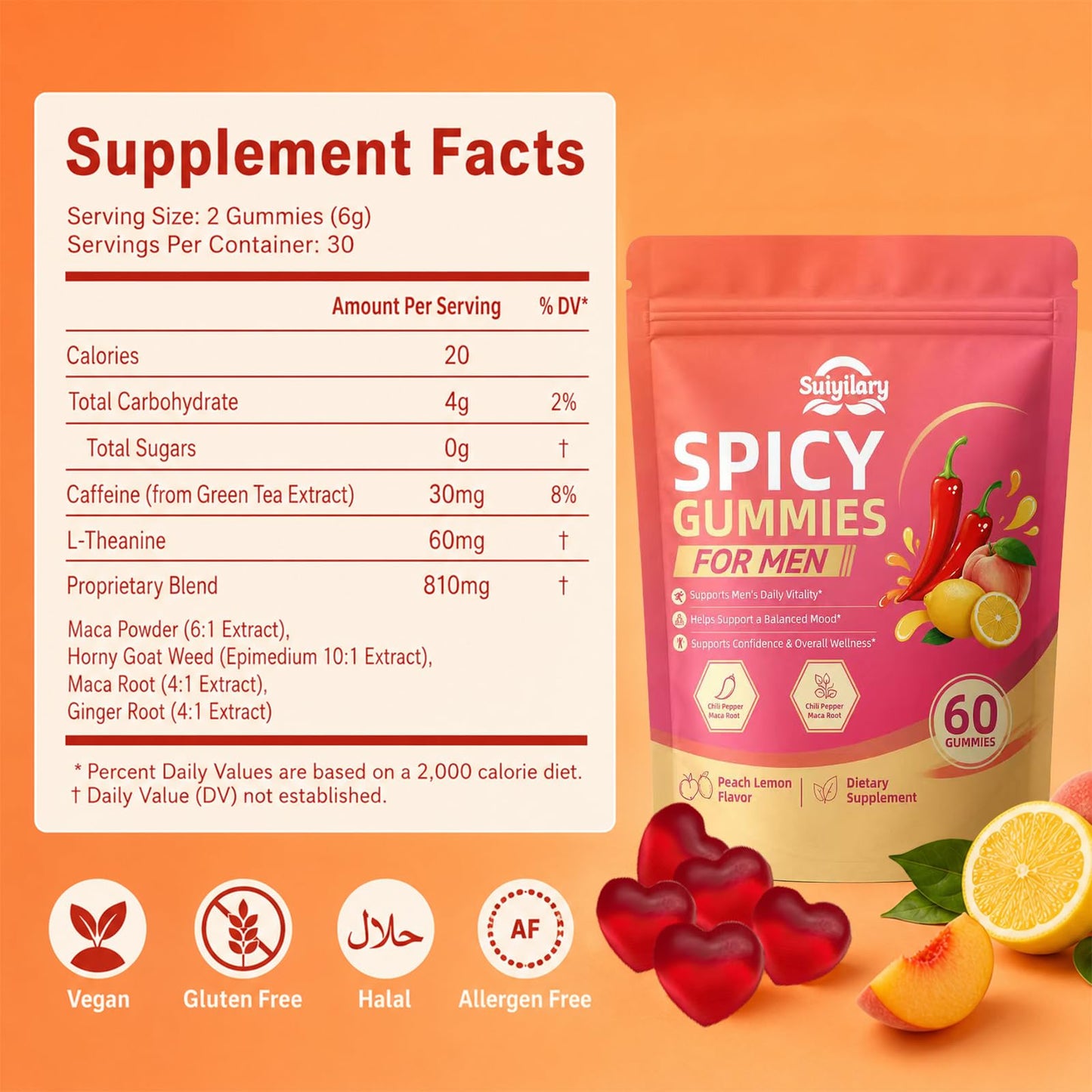Suiyilary Spicy Gummies Cubes for Couples, Adults Hot Peach Flavor, Gummy, 60 Count