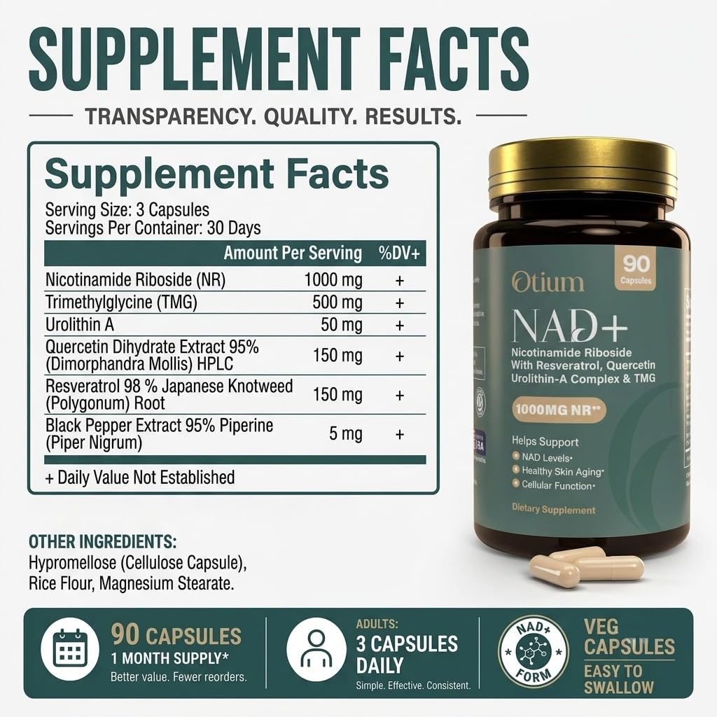Otium NAD+ Capsule 1000mg Nicotinamide Riboside with TMG, Resveratrol, Quercetin & Urolithin A, NAD Booster for Cellular Energy and Healthy Aging, 90 Capsules