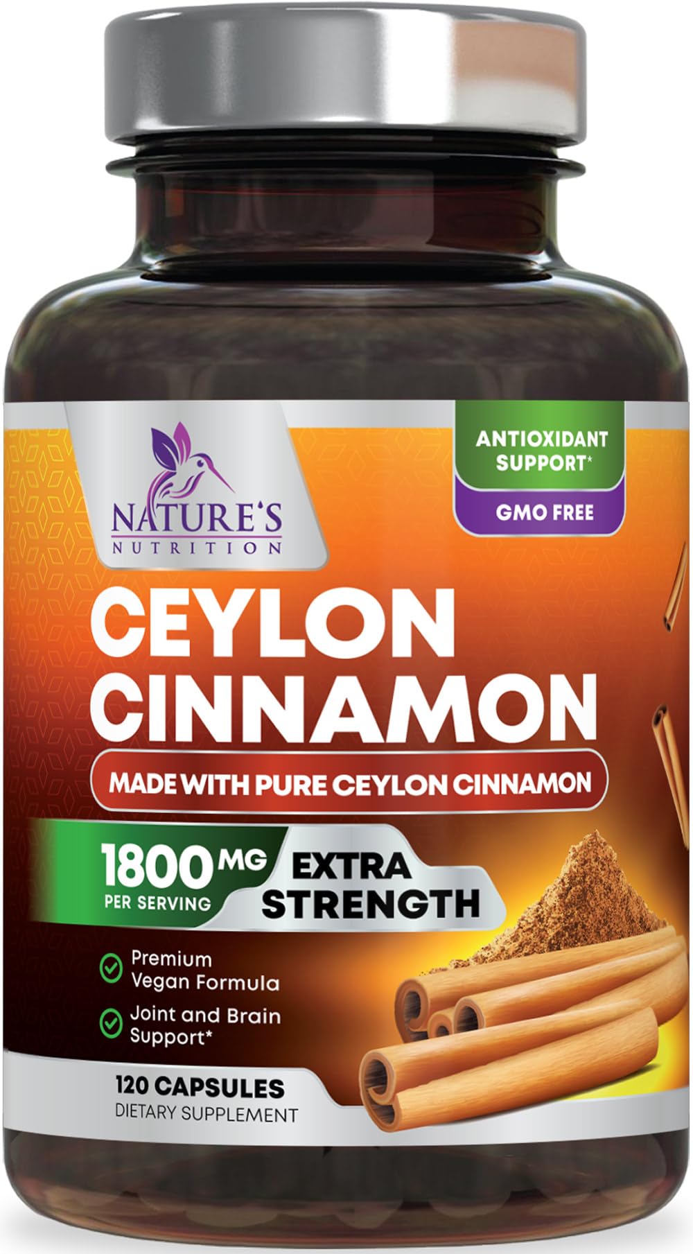 Organic Ceylon Cinnamon Capsules 1800mg - Extra Strength Certified Organic Ceylon Cinnamon Supplement - Energy & Heart Support Antioxidant Pill for Women & Men, Bottled USA - 120 Capsules