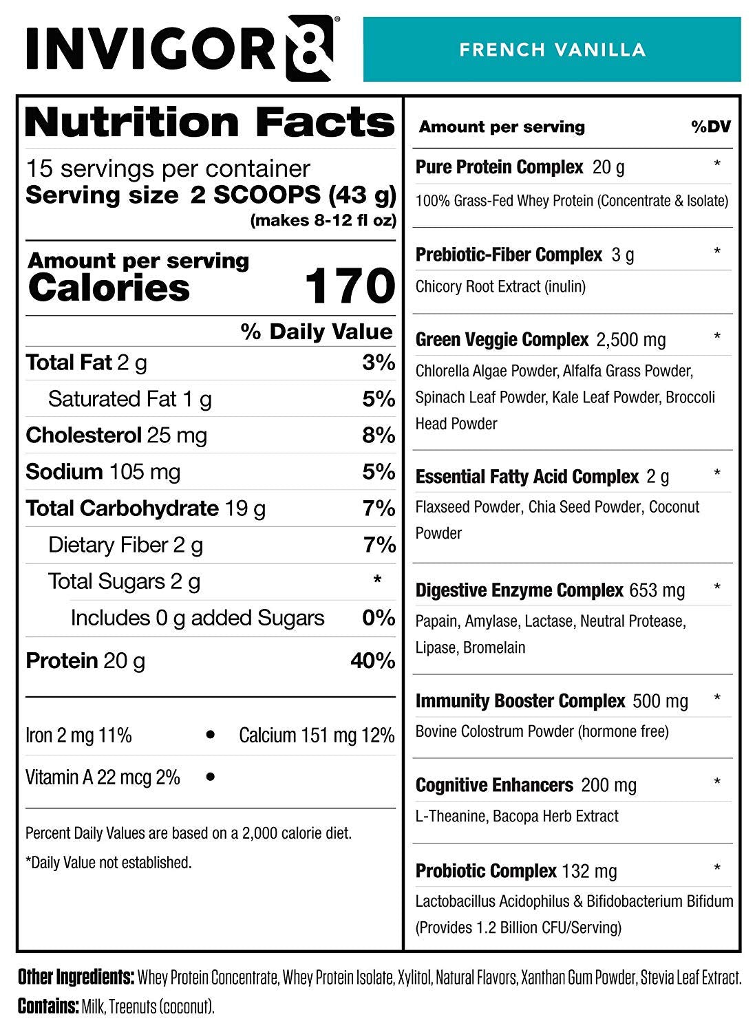 INVIGOR8 Superfood Grass Fed Whey Protein Isolate Shake French Vanilla Powder 22.6 Ounce