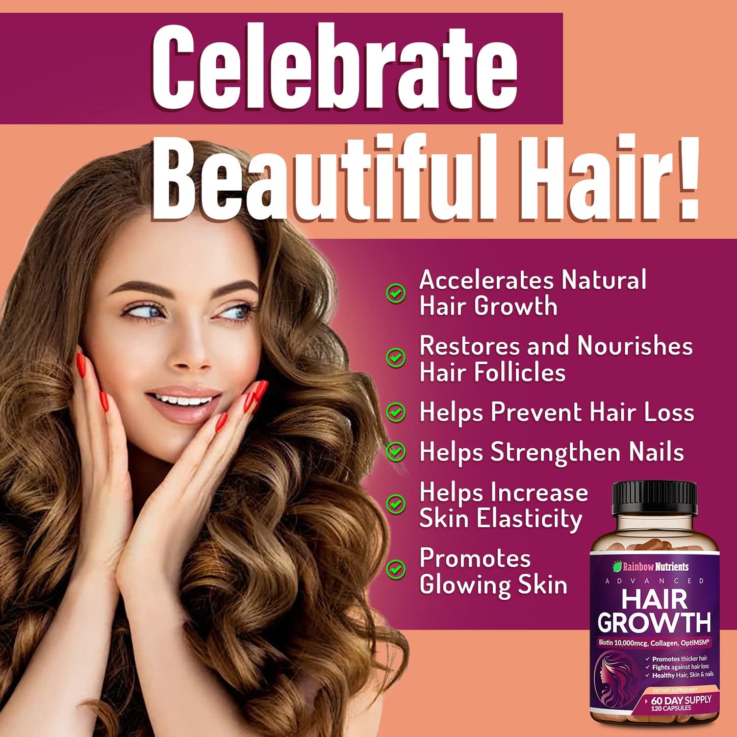 Rainbow Nutrients, LLC Hair Growth Vitamins for Women with Biotin 10,000mcg, Collagen, OptiMSM, goMCT, Saw Palmetto 120 Capsules