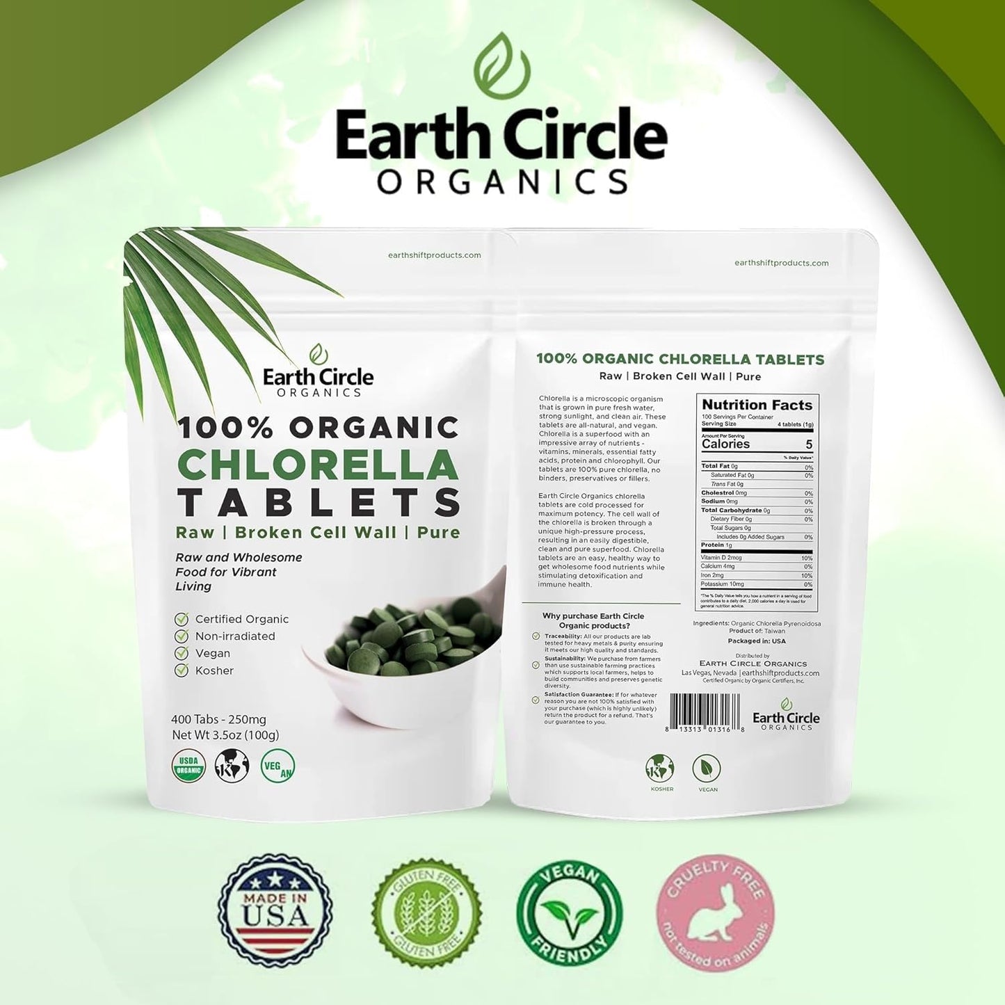 Earth Circle Organics Chlorella Tablets, 400 Count