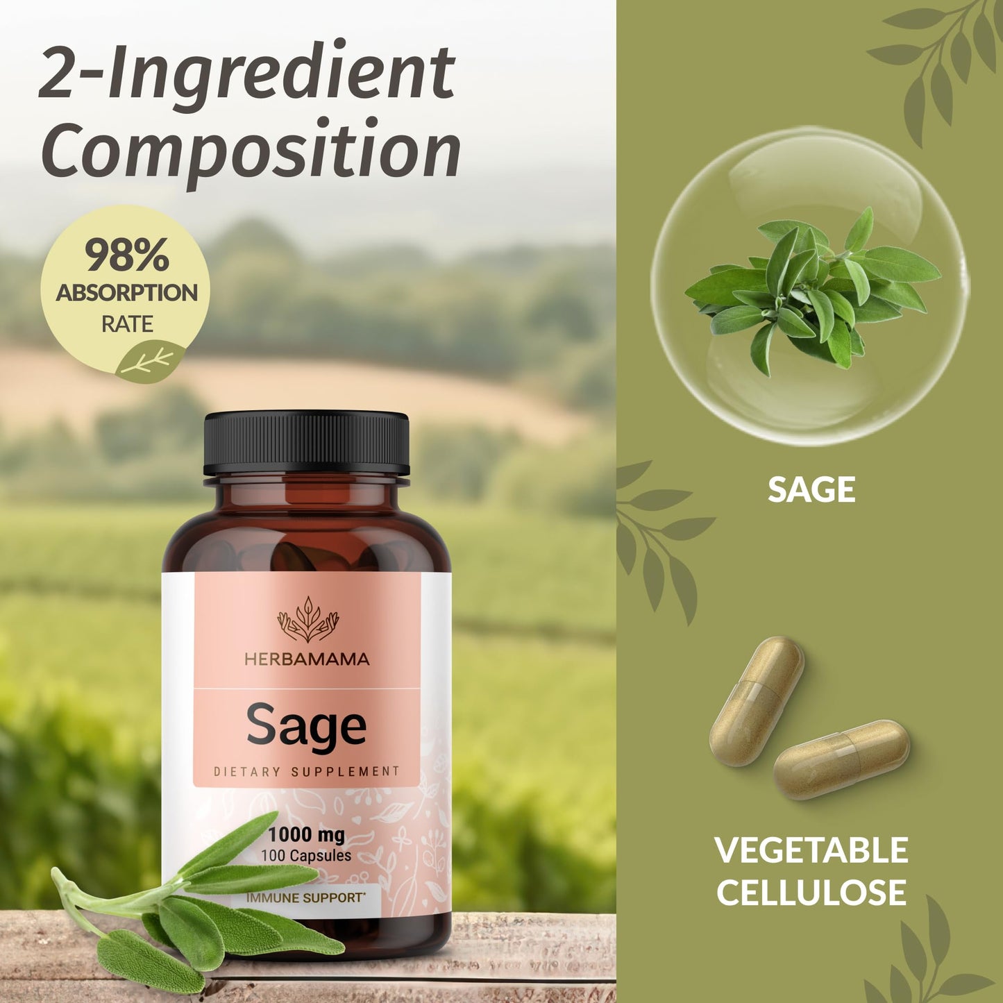 HERBAMAMA Sage Capsules 1000mg, 100 Count