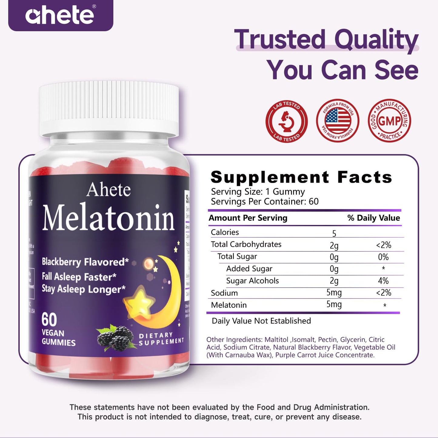 Ahete Melatonin 5mg Gummies for Adults, 180 Gummies