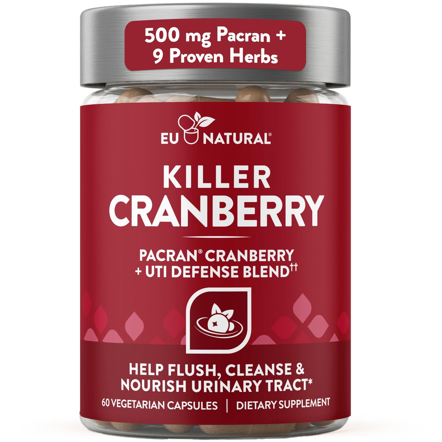 Eu Natural 10-In-1 Killer Cranberry Pills for Women - UTI Defense Blend with Pacran Cranberry - 10 Ingredient Urinary Tract Supplement - Turmeric, Milk Thistle, Dandelion, Ginger & More, 60 Capsules