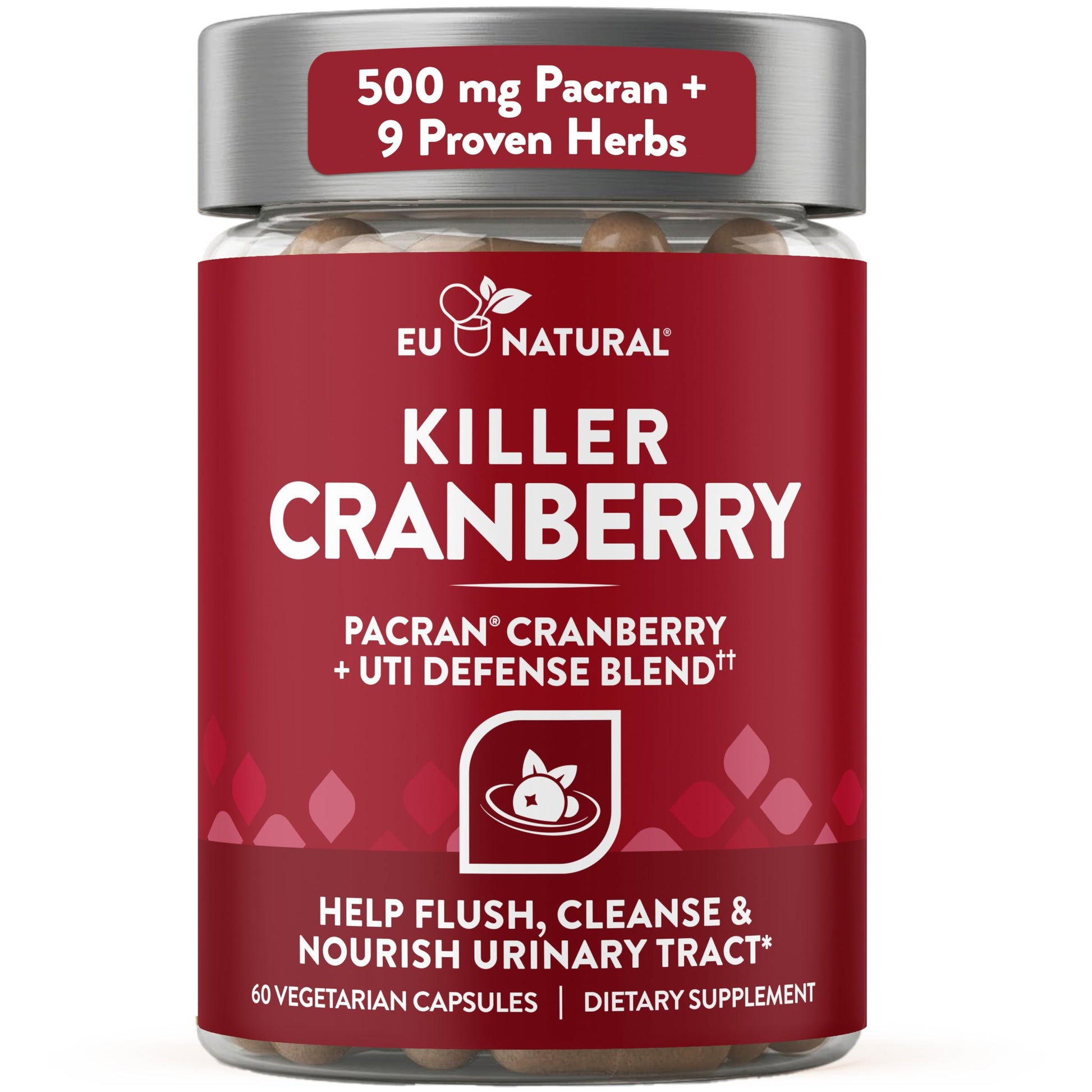 Eu Natural 10-In-1 Killer Cranberry Pills for Women - UTI Defense Blend with Pacran Cranberry - 10 Ingredient Urinary Tract Supplement - Turmeric, Milk Thistle, Dandelion, Ginger & More, 60 Capsules